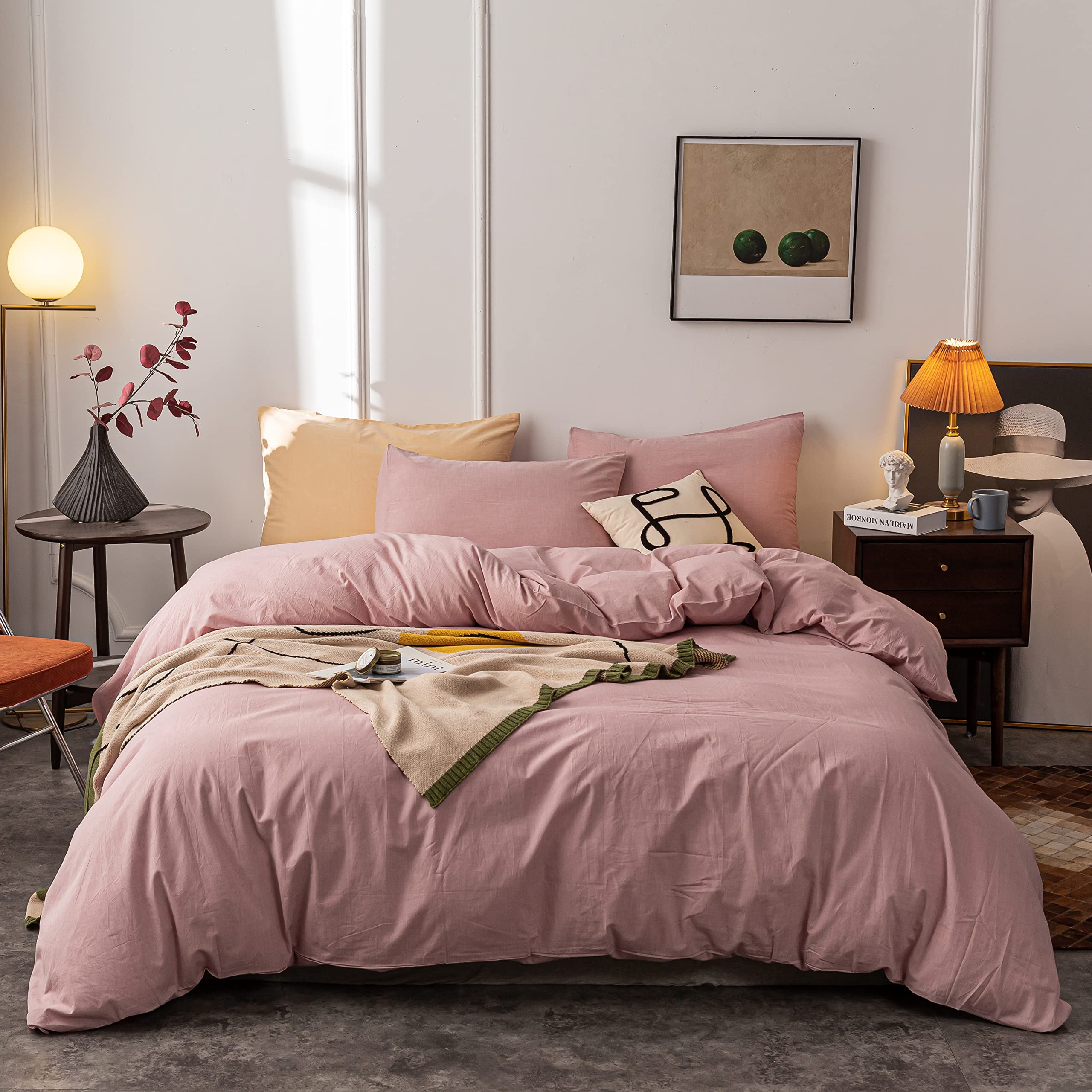 100% Washed Cotton Queen Duvet Cover Set - Ultra Soft Solid Dusty Pink with Zipper Closure (3-Piece) | Perfect for Master Bedroom, Guest Room & Cozy Home Decor
