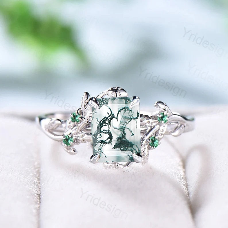 Vintage Hexagon Moss Agate Engagement Ring - Unique Leaf Cluster Design Emerald Green Gemstone Wedding Band for Women | Perfect for Boho Bridal, Nature-Inspired Jewelry & Special Occasion Gifts