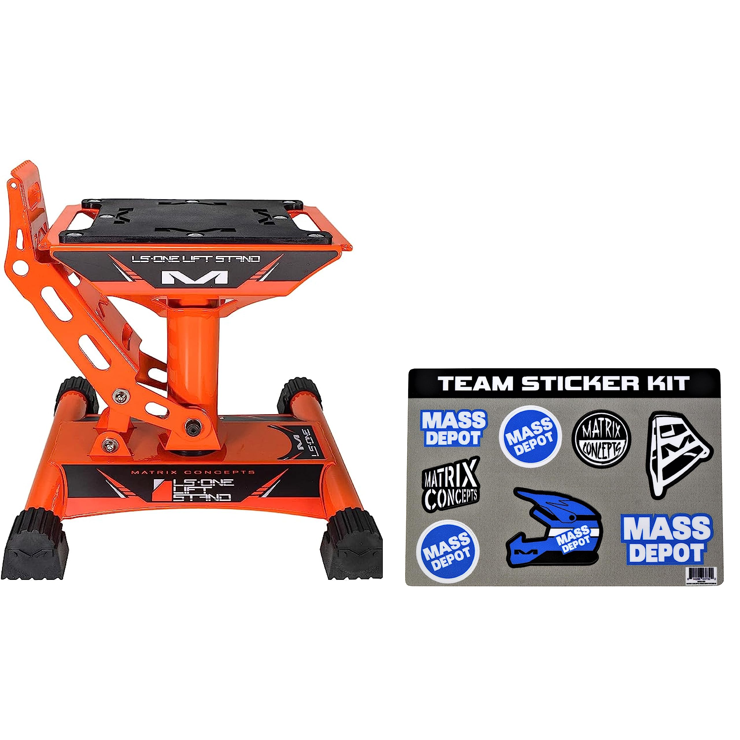 Matrix Concepts LS1 Dirt Bike Lift Stand - Heavy Duty Carbon Steel Construction, 500 lbs Weight Capacity for Motorcycles & Mini Bikes - Includes Sticker Pack (Orange) - Perfect for Garage Maintenance & Off-Road Bike Storage