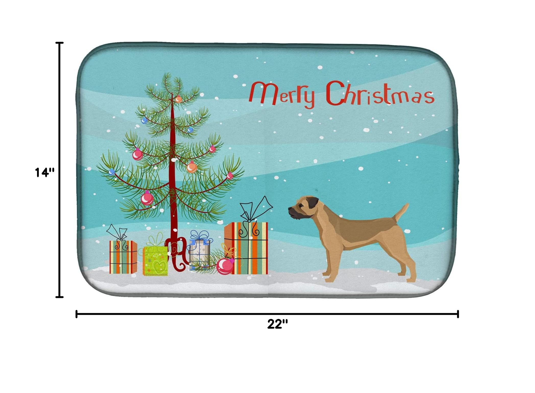 Border Terrier Christmas Dish Drying Mat - Absorbent Kitchen Counter Pad (14x21