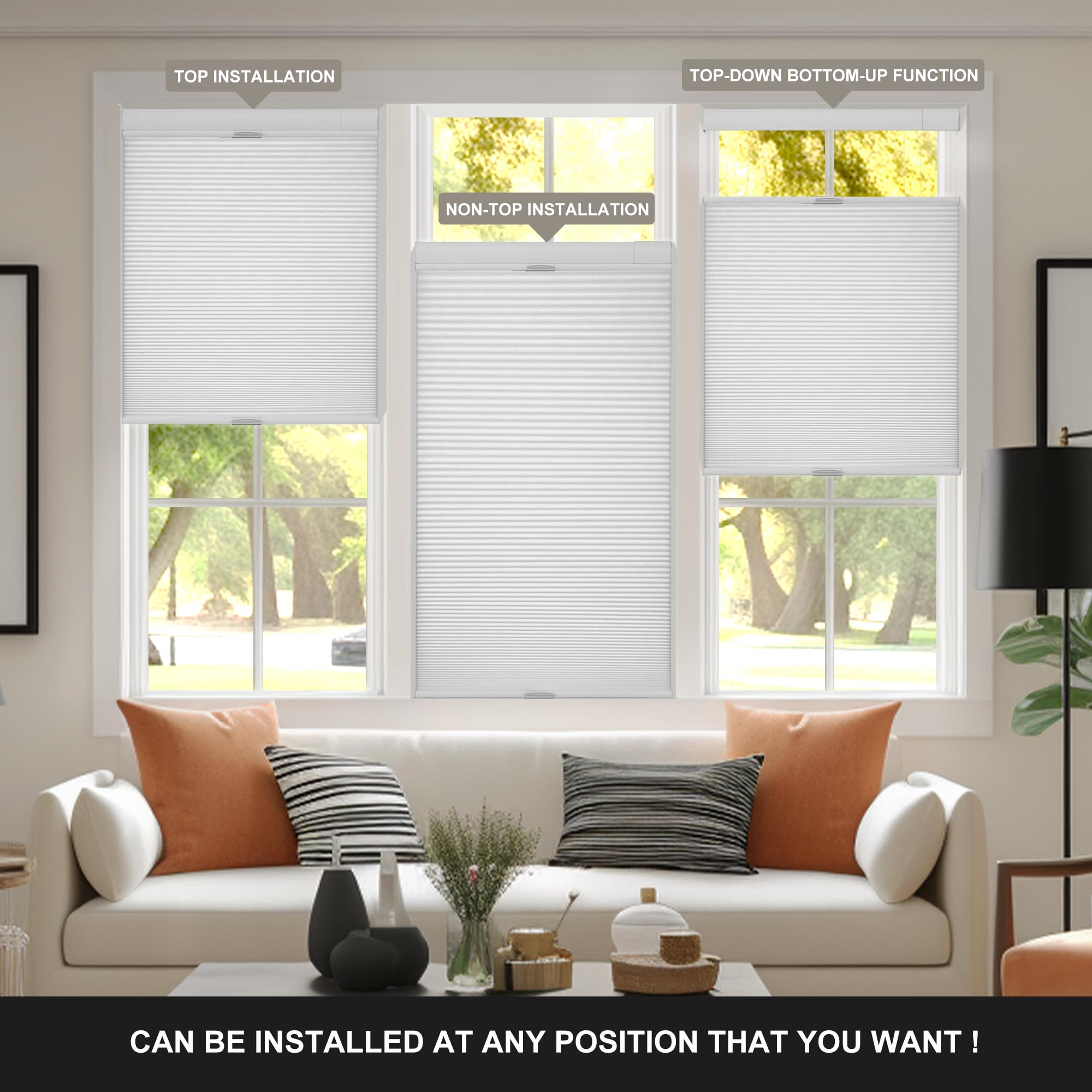 Boolegon No Drill No Tools Cellular Shades - Top Down Bottom Up Honeycomb Blinds, Blackout Cordless Window Coverings - Easy Install for Home & Office, Custom Size (Blackout-White) - Perfect for Bedrooms, Living Rooms & Home Theaters