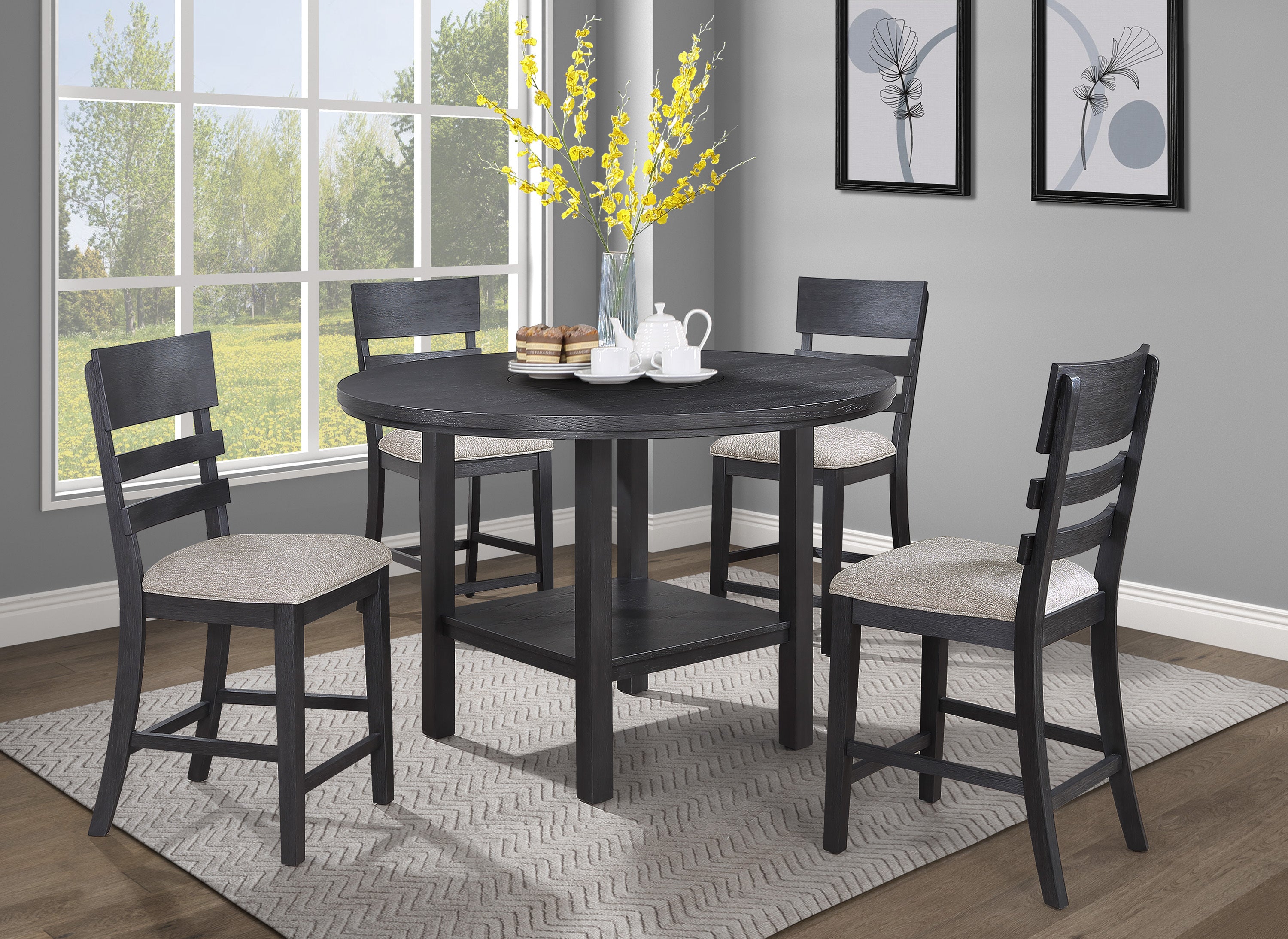 2-Piece Black & Gray Counter Height Chairs with Upholstered Seat & Ladder Back - Solid Wood Dining Room Furniture for Kitchen Island, Breakfast Nook & Small Space Decor