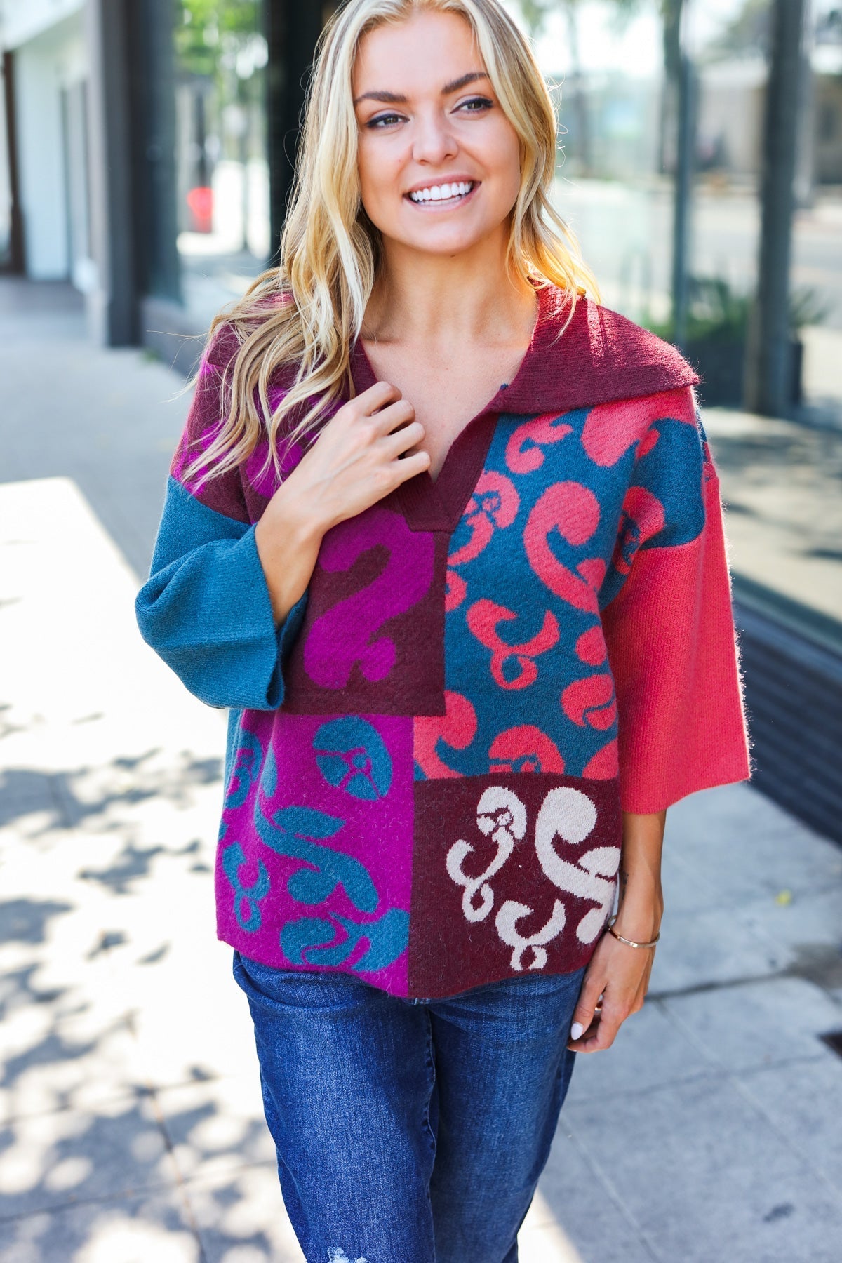 Stylish Wine Abstract Print Color Block Collar V-Neck Sweater for Women | Trendy Pullover for Fall & Winter | Perfect for Office, Date Night & Casual Outings