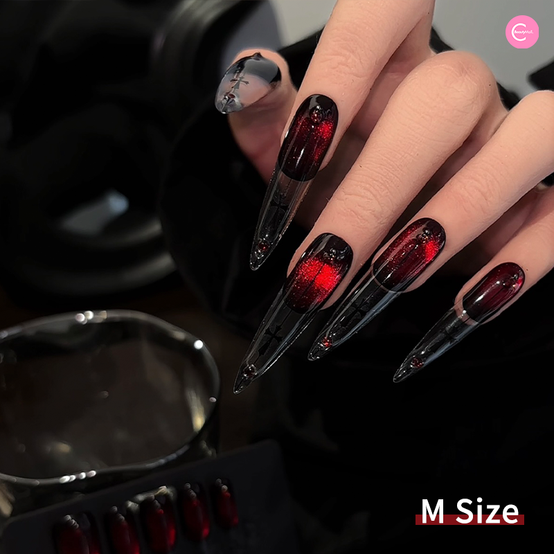 GEQIN Blood Mary Cat Eye Gothic Press On Nails - Long Lasting Fake Nails with Glitter for Women, Halloween Party Nails, Gothic Fashion Accessories - Perfect for Costume Parties, Night Out, and Special Occasions