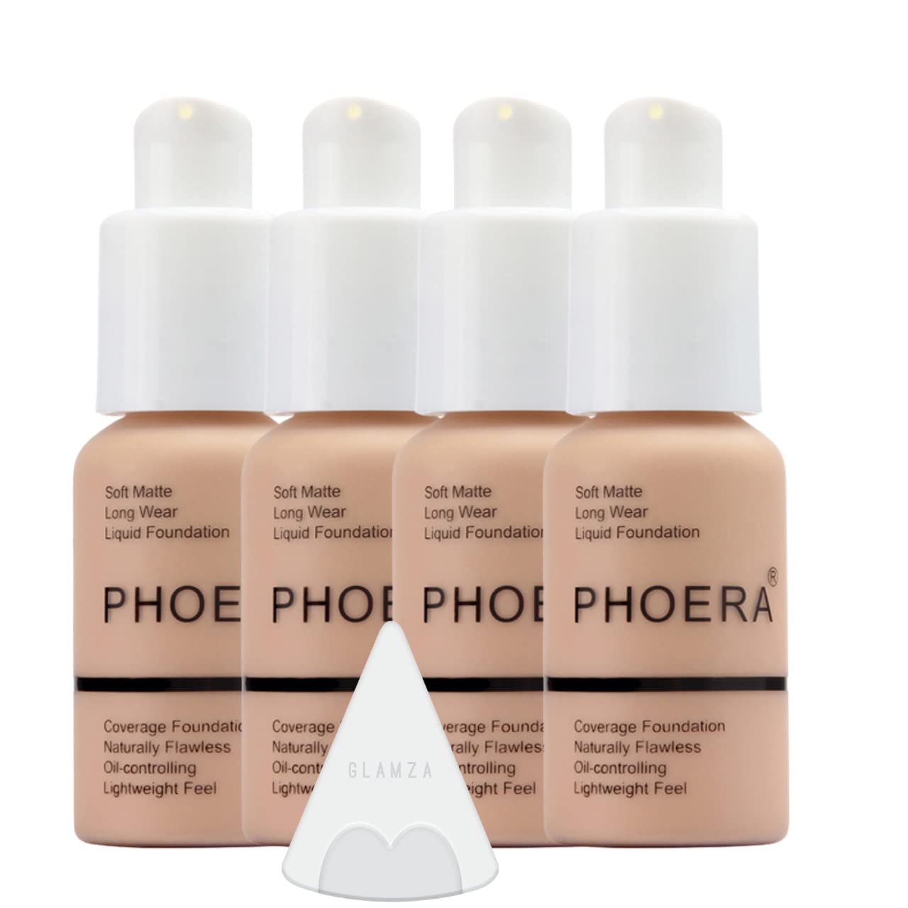 Glamza Phoera Full Coverage Foundation Makeup Set - 24-Hour Long Lasting Oil Control, Matte Flawless Concealer Cream - Includes 4x 30ml Foundations & Silicone Blender Sponge (103 Warm Peach) - Perfect for Daily Wear, Special Occasions & Photography