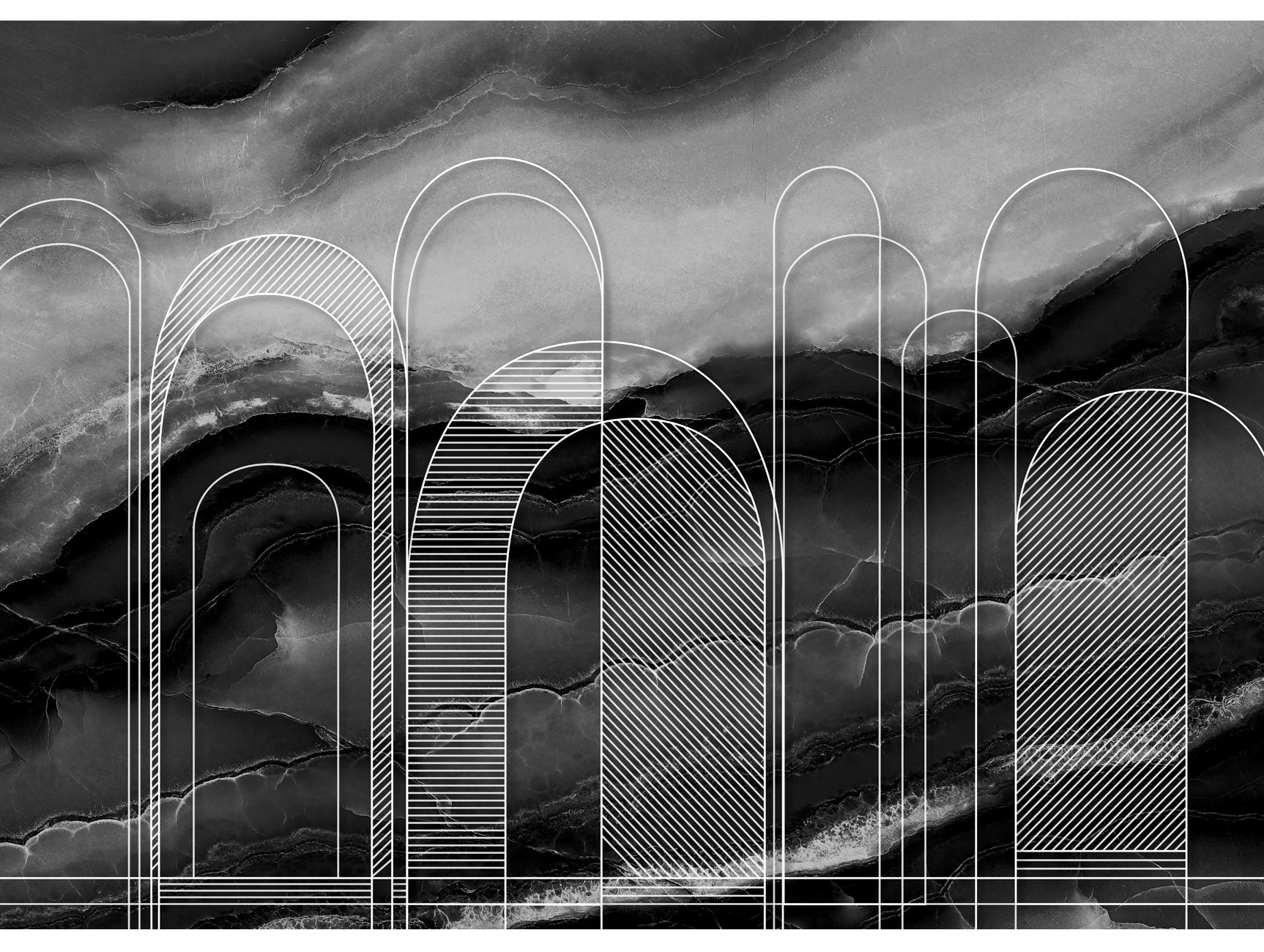 Abstract Muqarnas Mural Wallpaper M1335 - Black & White Marble Design for Modern Living Room, Bedroom & Office Decor