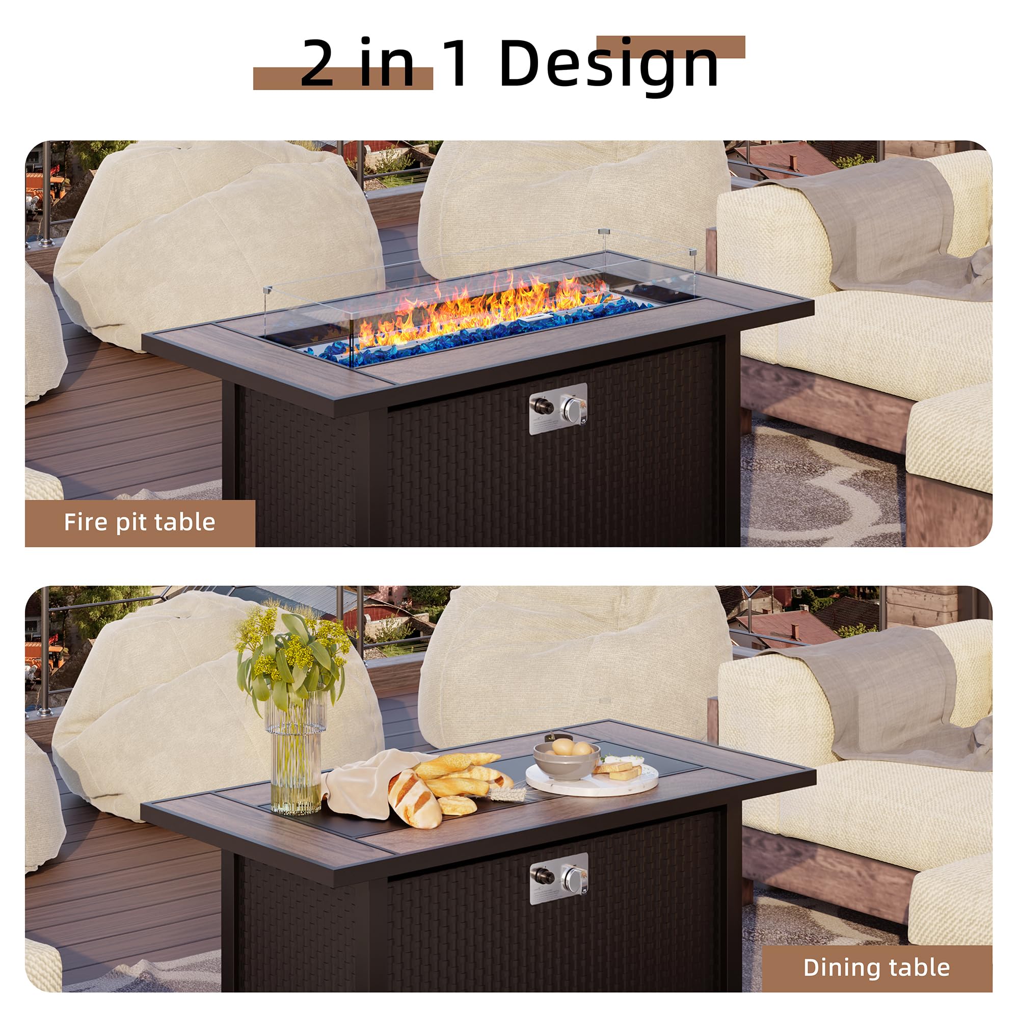Shintenchi 45 Inch Outdoor Propane Fire Pit Table - 50,000 BTU Steel Gas Fire Pit with Glass Window Protector, Lid, Crystal Stones & Waterproof Cover - Rattan Pattern Brown Top for Patio, Garden, Backyard & Poolside Gatherings