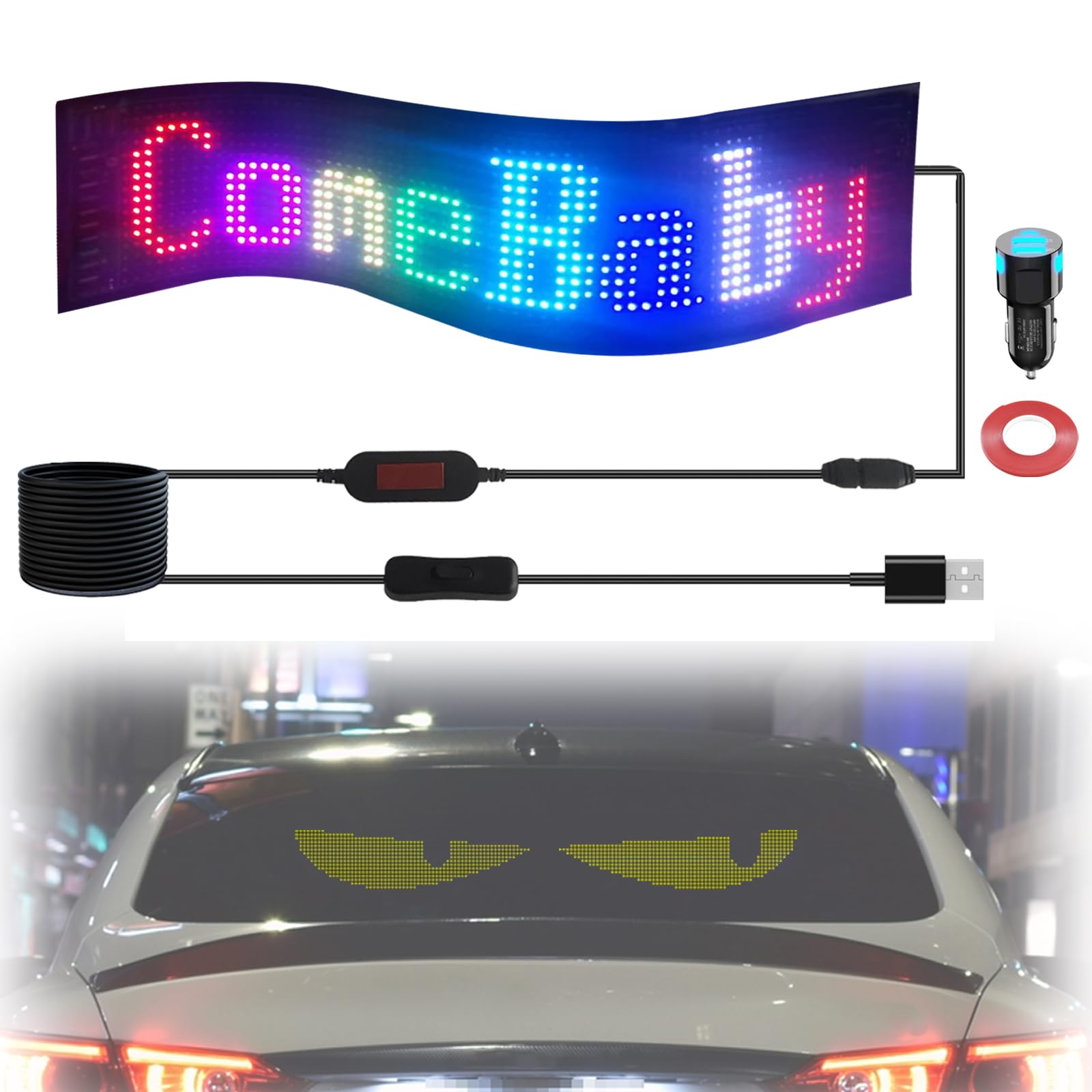 Programmable LED Sign - Devil Eyes Car Light, 4x15 Inch Flexible LED Display for Vehicles | Customizable LED Message Board for Cars & Trucks Windows | Perfect for Night Driving, Car Shows & Personalization