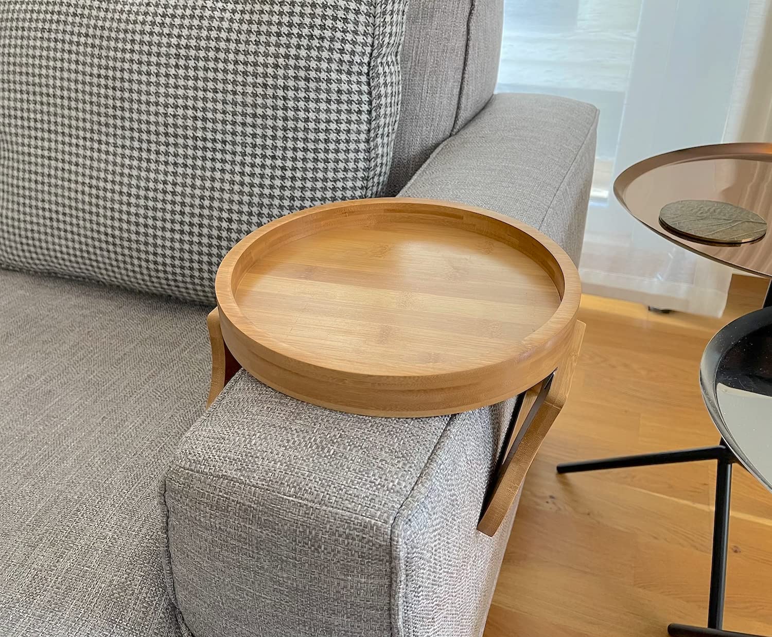 Natural Bamboo Clip-On Side Table - Round Sofa Armrest Tray for Remote, Phone, Drinks & Snacks | Perfect for Living Room, Bedroom & Small Spaces