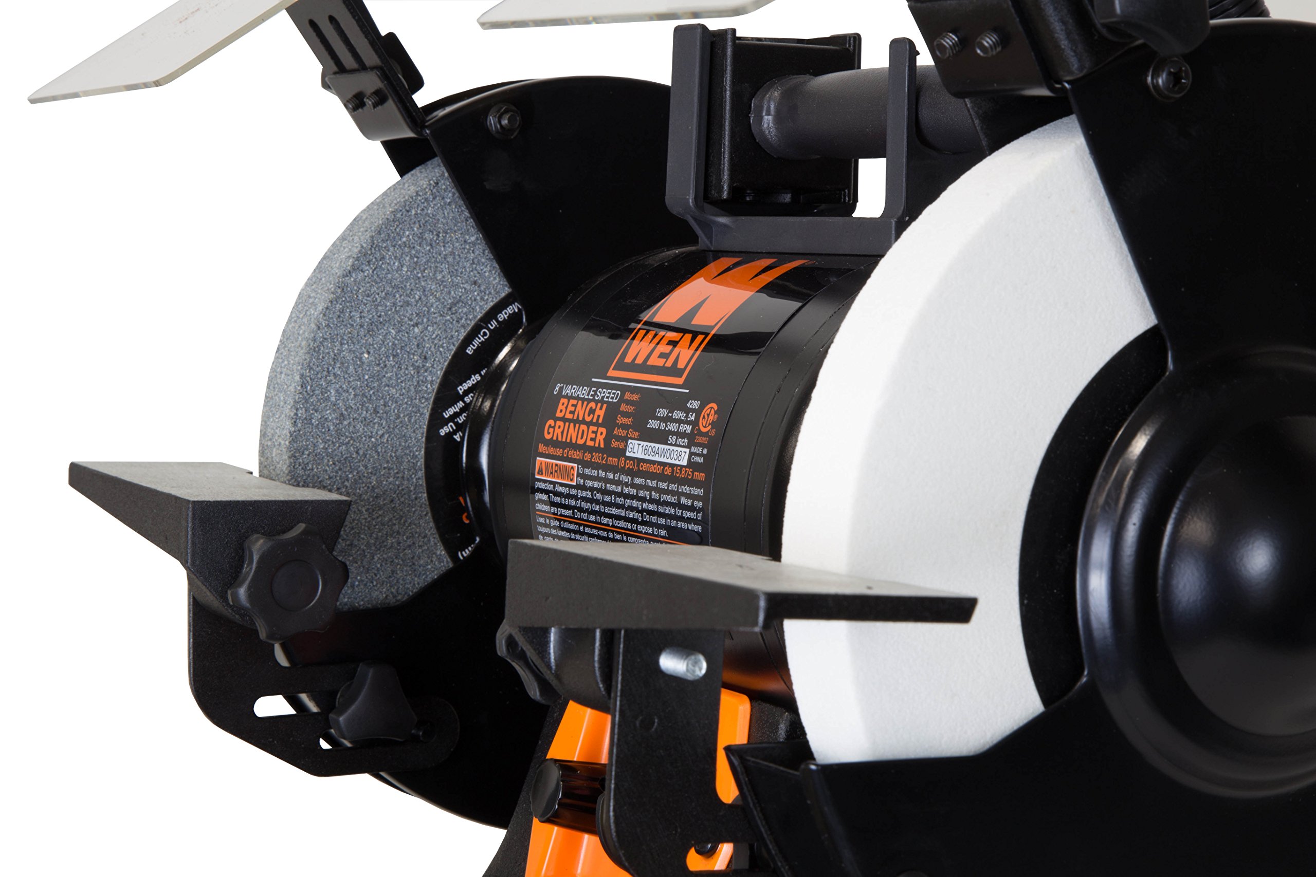 WEN BG4280 5-Amp 8-Inch Variable Speed Bench Grinder with Flexible Work Light - Black & Orange - Perfect for Metalworking, Woodworking, and DIY Projects