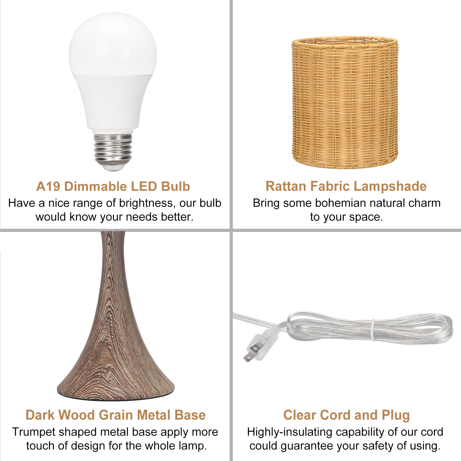Rattan Touch Lamp with Wood Grain Base - 3-Way Dimmable Nightstand Lamp, Farmhouse Desk Lamp & Small Night Light for Living Room, Bedroom, Dorm & Home Office - Includes 9W LED Bulb - Perfect for Cozy Reading Nook, Modern Farmhouse Decor & Warm Ambient Lighting
