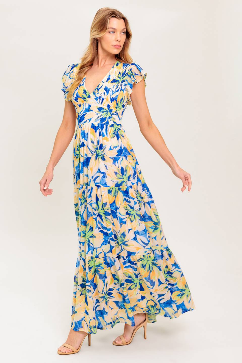 BRIDGEPORT Blue Floral Maxi Dress for Women - Summer Boho Beach Dress with Long Sleeves - Perfect for Vacation, Party & Casual Wear
