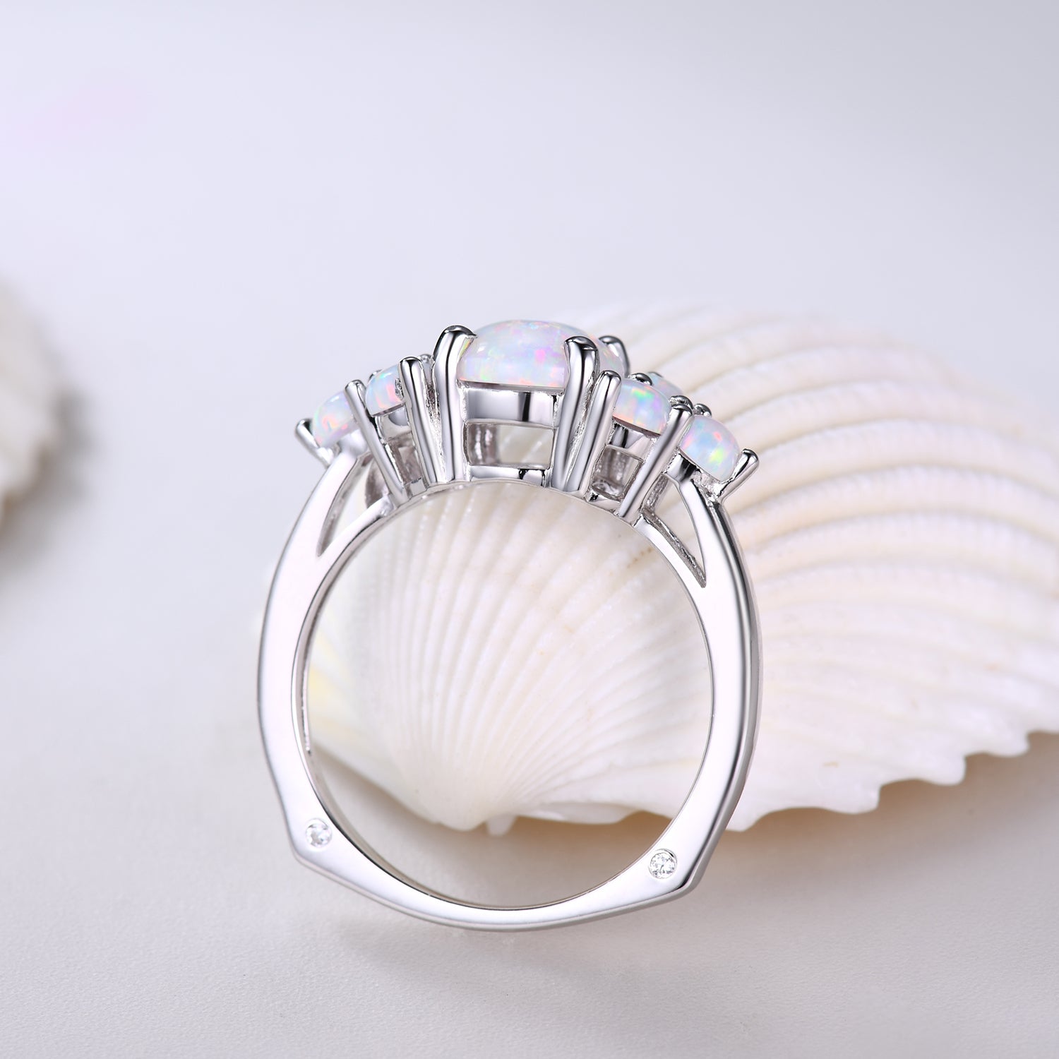7mm Round White Opal Engagement Ring in 14K White Gold with Diamond Accents - Elegant Wedding Band, Promise Ring & Anniversary Gift for Her