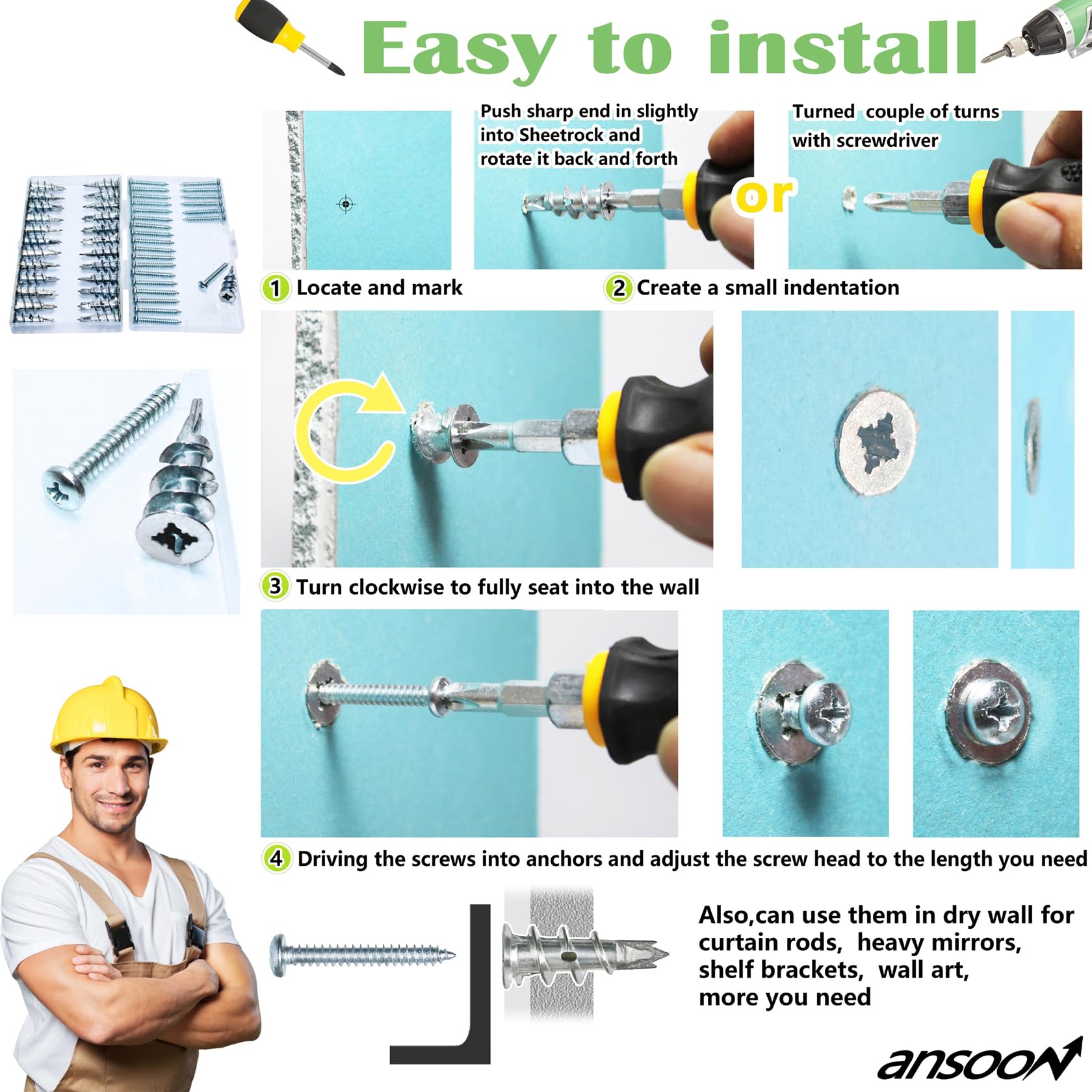 Heavy Duty Zinc Self-Drilling Drywall Anchors Kit - 10 Hollow Wall Anchors + 10#8 x 1-1/4'' Screws (20 Pcs) for Secure Hanging & Mounting - Perfect for Pictures, Shelves, Mirrors & Home Decor