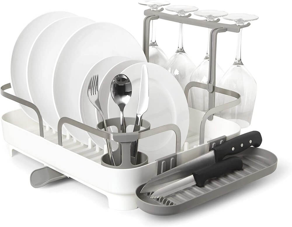 Umbra Holster Deluxe Dish Rack - White | Modern Countertop Dish Drying Rack with Utensil Holder | Perfect for Small Kitchens, Apartments & RVs