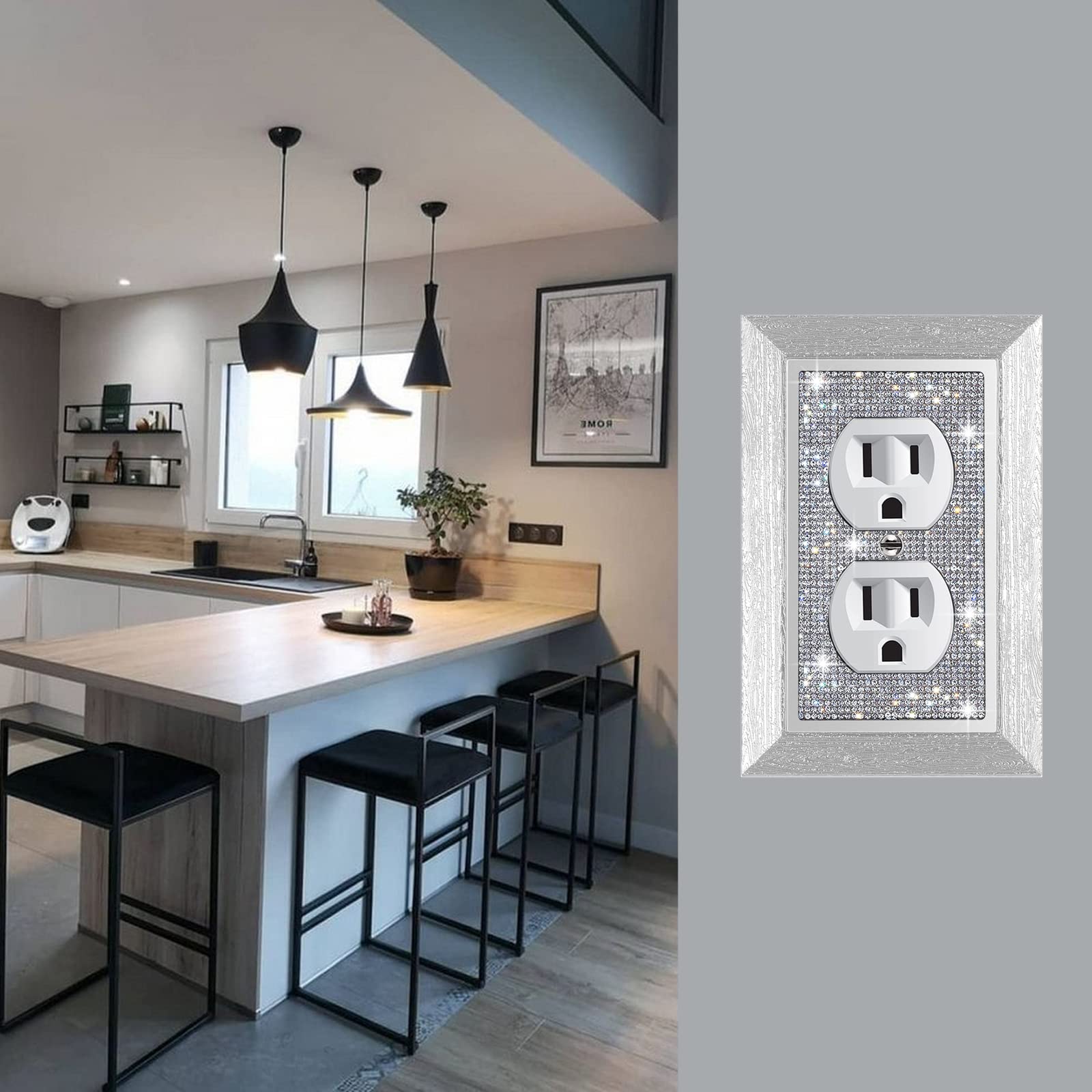 1PC Silver Rhinestone Light Switch Cover Plate - Decorative Wall Plate with Shiny Imitation Wood Grain for Electrical Outlets | Perfect for Bedroom, Living Room & Home Decor Upgrade