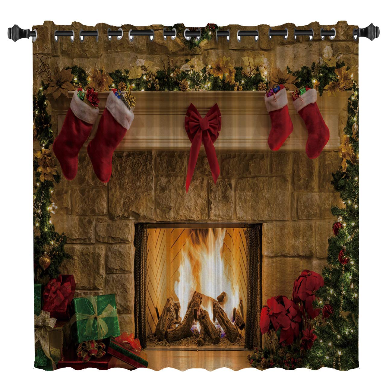 BedSweet Blackout Room Darkening Curtains 52x36 Inches - Thermal Insulated Window Drapes for Kitchen & Bedroom | Christmas Stocking & Present Design | Perfect for Light Blocking, Privacy & Home Decor