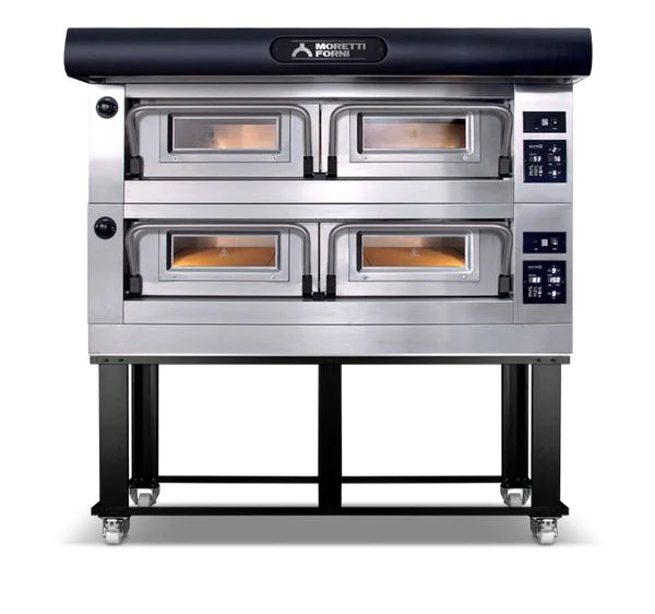 AMPTO P120E B2X Commercial Electric Pizza Oven - 49'' x 34'' x 7'' Chamber, 208/240V 60Hz 3-Phase, Dual Deck with Tray Guide Base - Perfect for Pizzerias, Restaurants & Catering Businesses