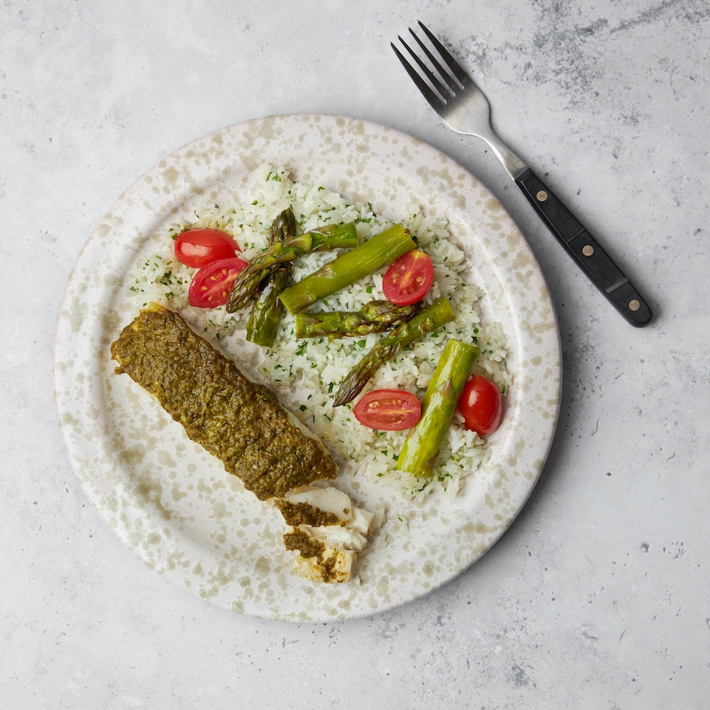 Fresh Halibut with Homemade Pesto and Roasted Asparagus - Perfect for Dinner Parties & Healthy Weeknight Meals