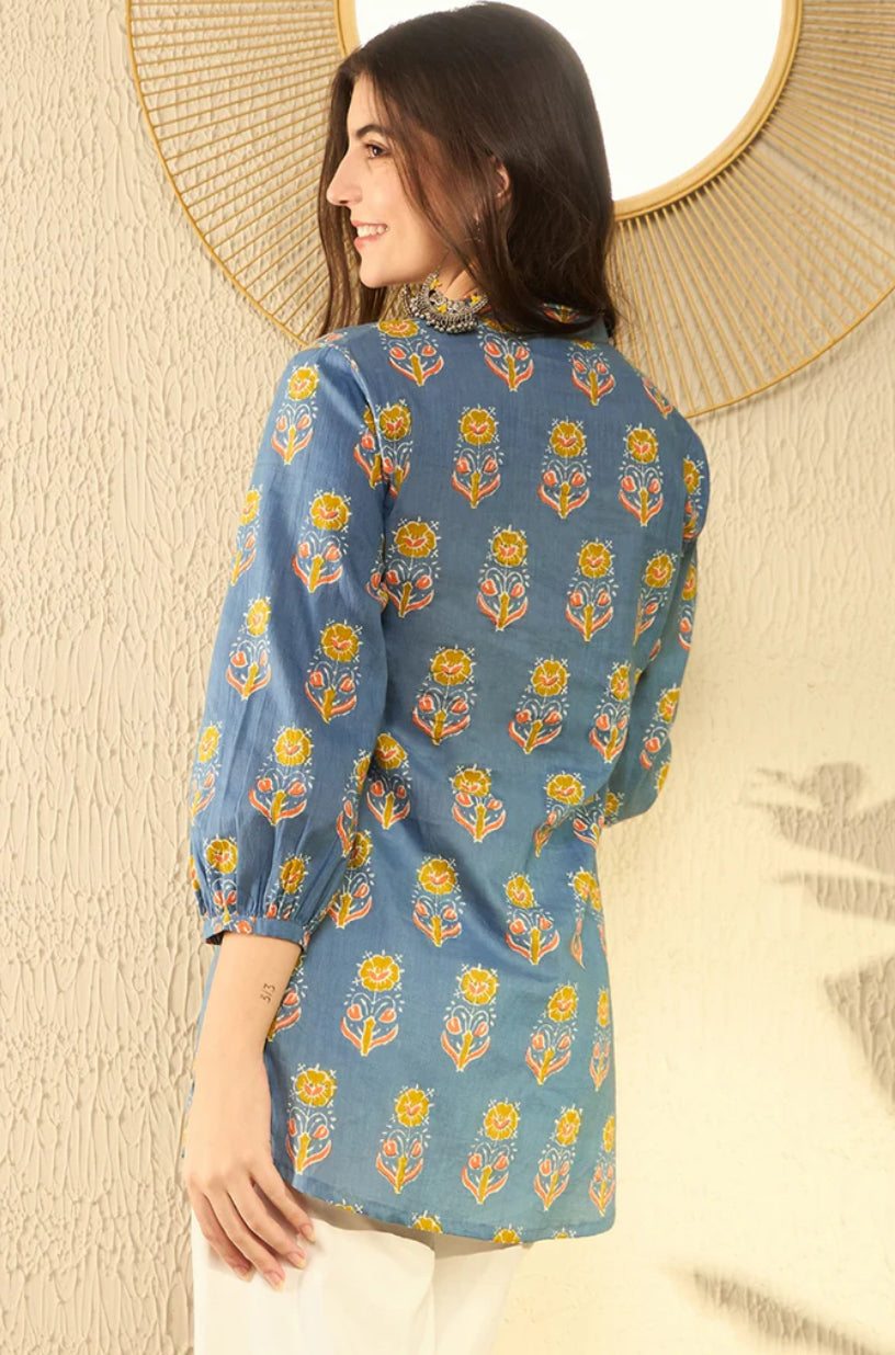 Blue Cotton Blend Floral Printed Regular Tunic Top for Women | Casual Summer Wear | Perfect for Beach Outings, Brunch Dates & Everyday Comfort