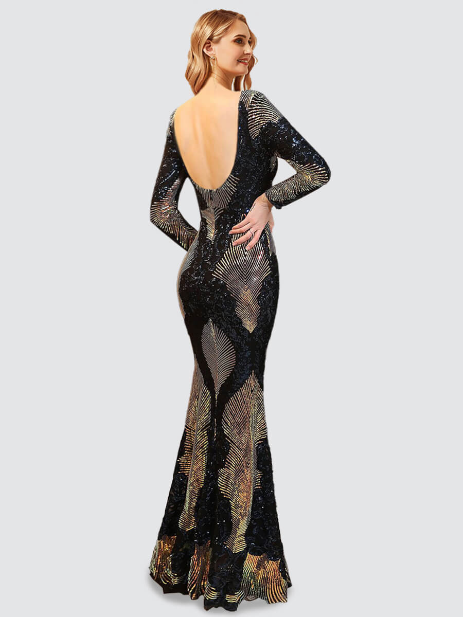 Elegant Dark Navy Backless Long Sleeve Sequin Maxi Mermaid Evening Gown for Women | Formal Prom, Wedding Guest & Special Occasion Dresses