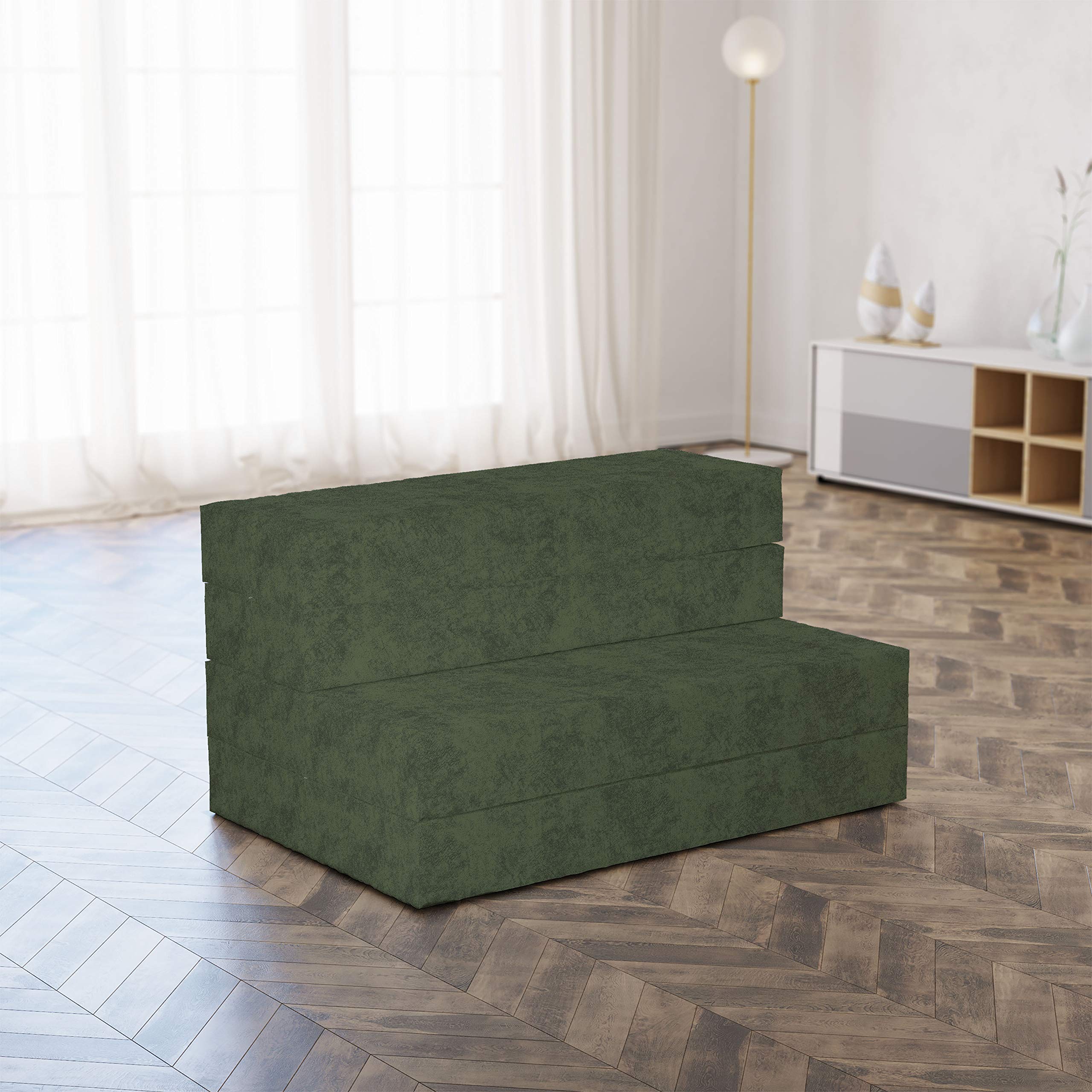 Ambesonne Faux Suede Foldable Mattress - Queen Size Digital Printed Portable Futon Mat, Lightweight Sleeping Pad for Guest Bed, Camping & Dorm Use - Olive Green | Perfect for Spare Bedroom, Travel & Outdoor Adventures