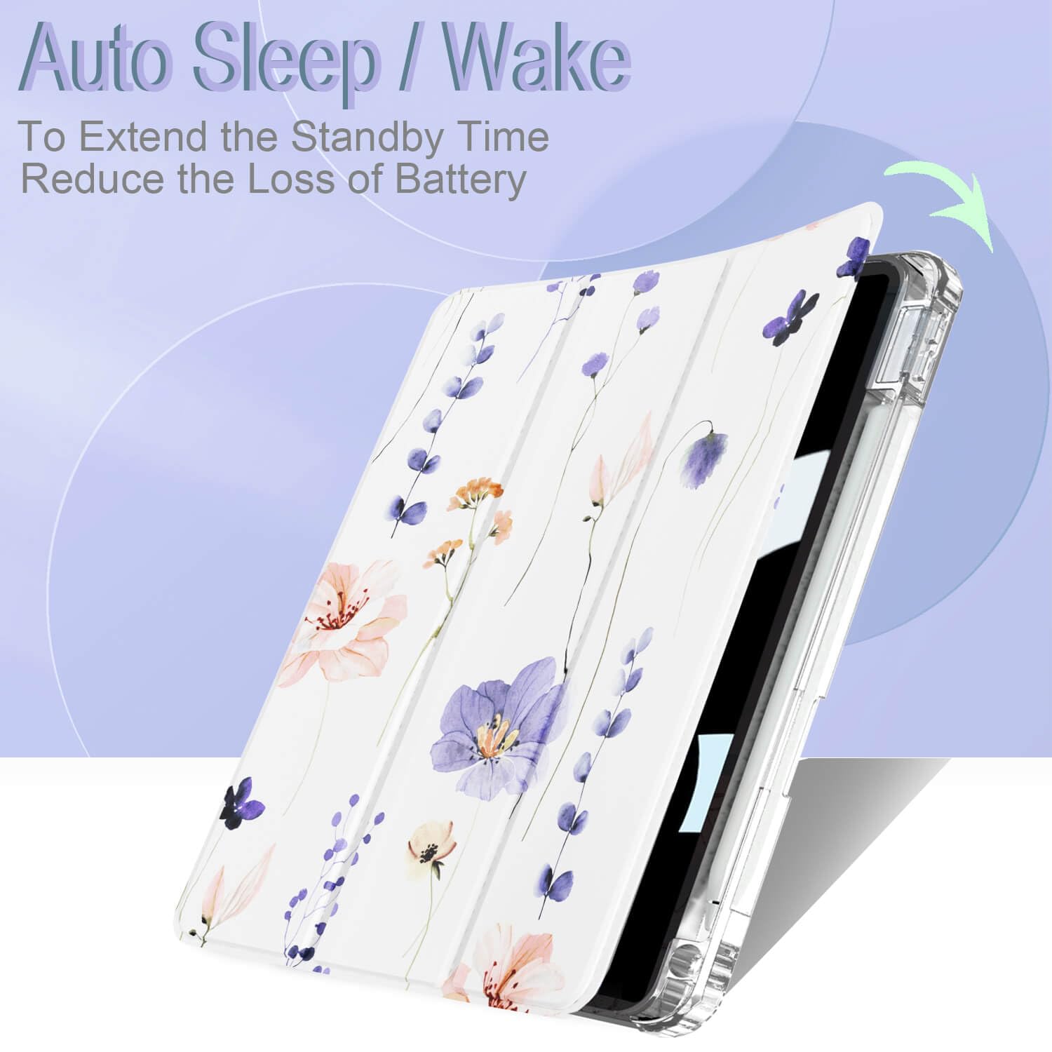 Slim Clear iPad Air Case for 11-inch M3 2025 / M2 2024 & 10.9-inch 5th/4th Gen (2020-2022) - Purple Floral Design with Pencil Holder & Auto Sleep/Wake | Perfect for Work, School & Travel Protection