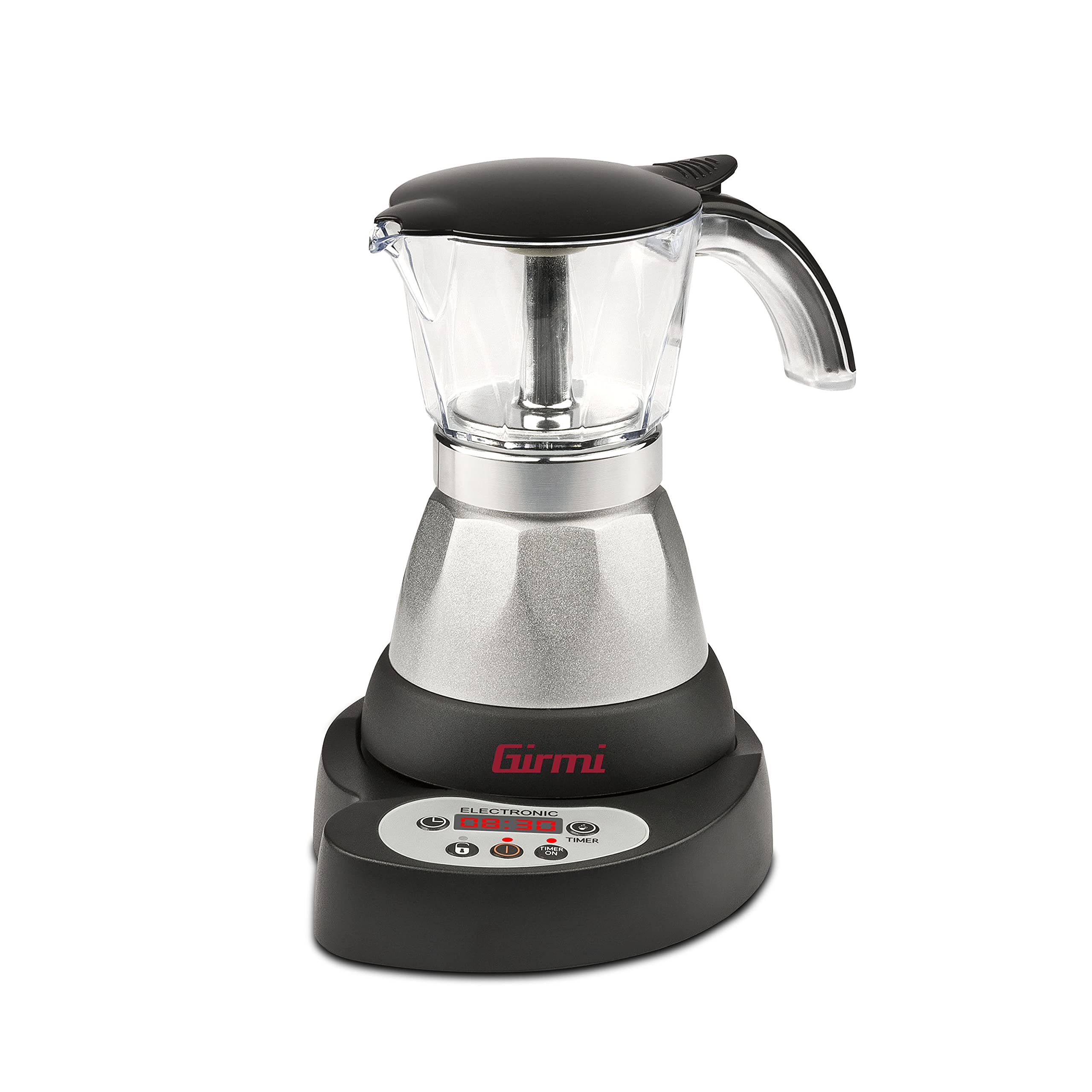Girmi MC23 Programmable Electric Moka Pot for Ground Coffee, 1-3 Cups, 400W, LED Display, Timer, Keep Warm Function, Aluminum, Silver - Perfect for Home, Office, and Travel Use
