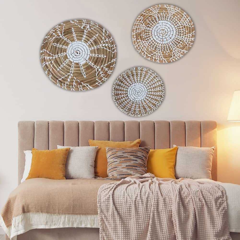 3-Piece Natural Woven Seagrass Wall Hanging Baskets - Boho Decor Trays for Bedroom, Kitchen & Living Room | Space-Saving Storage & Stylish Home Organization