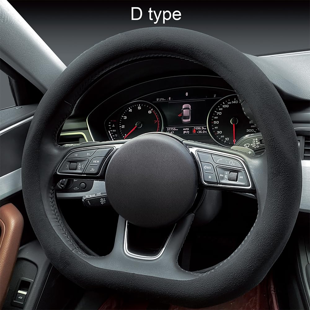 Premium Carodi Suede Steering Wheel Cover - Non-Slip Leather Grip, Universal 15-inch Fit (D-Shape, Black) for Enhanced Driving Comfort & Style | Perfect for Daily Commutes, Road Trips & Luxury Car Interiors