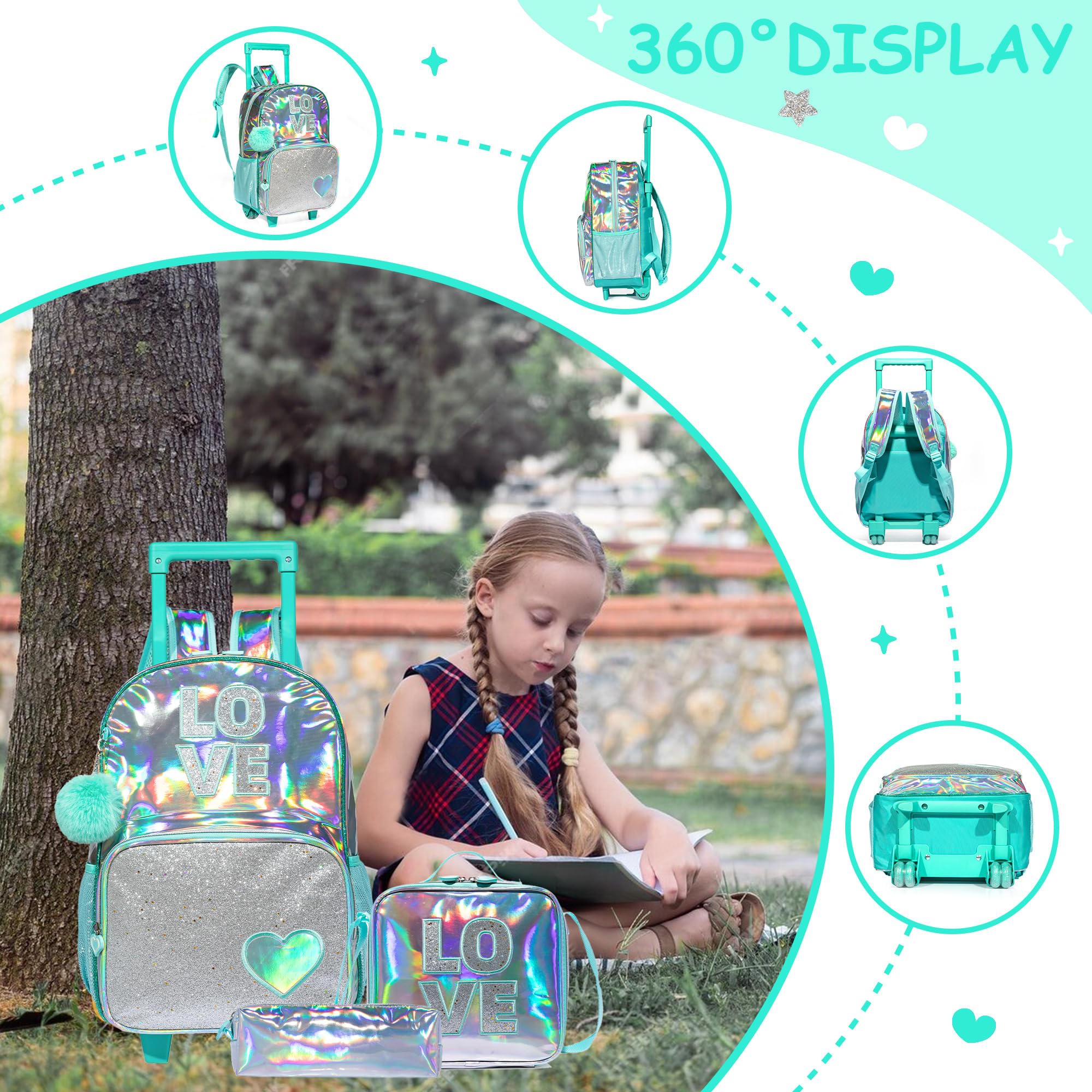 Rolling Backpack for Girls - Kids Wheeled Backpack with Lunch Bag for Elementary & Kindergarten | Lightweight Carry-On Luggage for School, Travel & Daily Use