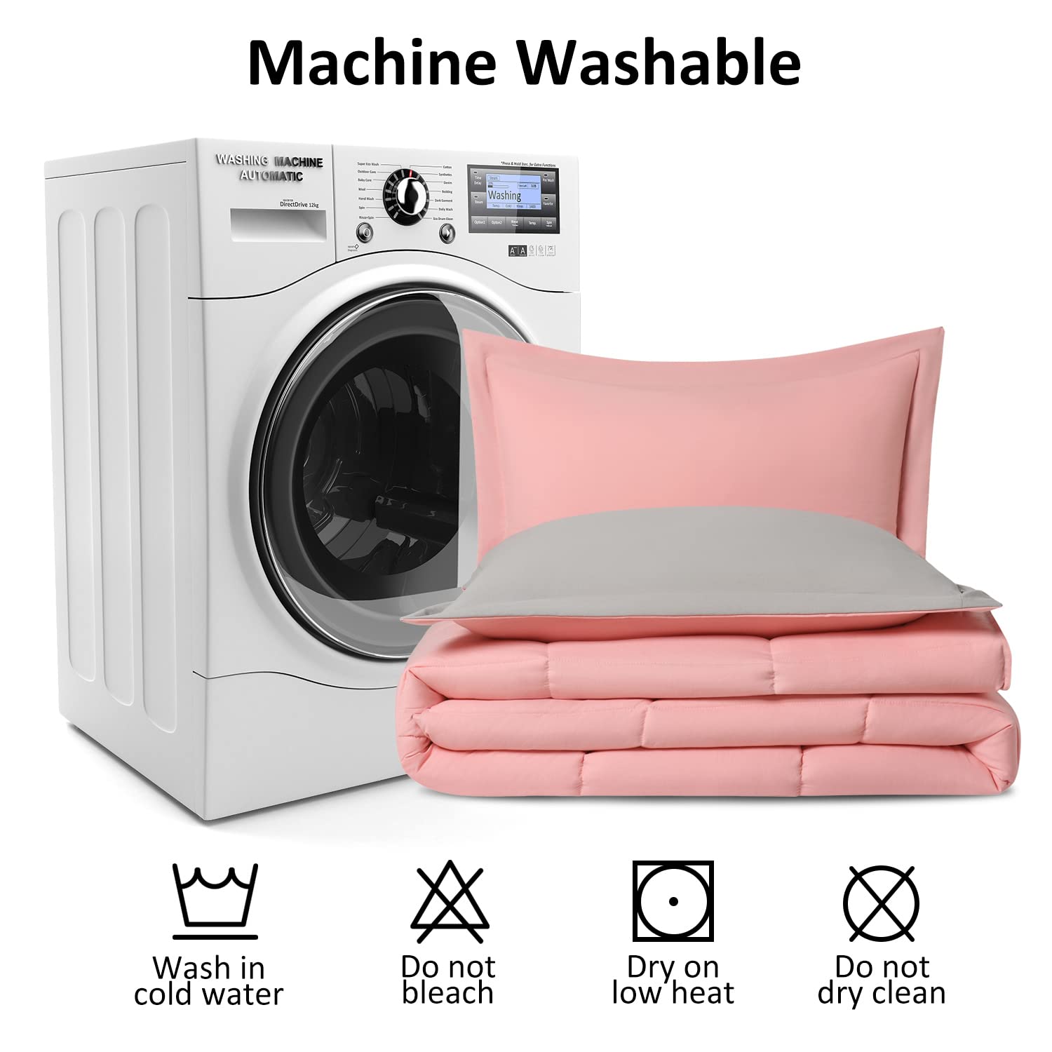 LOVTEX 3-Piece Pink and Gray Reversible Comforter Set - Ultra Soft Washed Microfiber Queen Bedding - Down Alternative Comforter with 2 Pillow Shams (Pink/Grey) - Perfect for Cozy Bedrooms, Guest Rooms & Dorm Decor