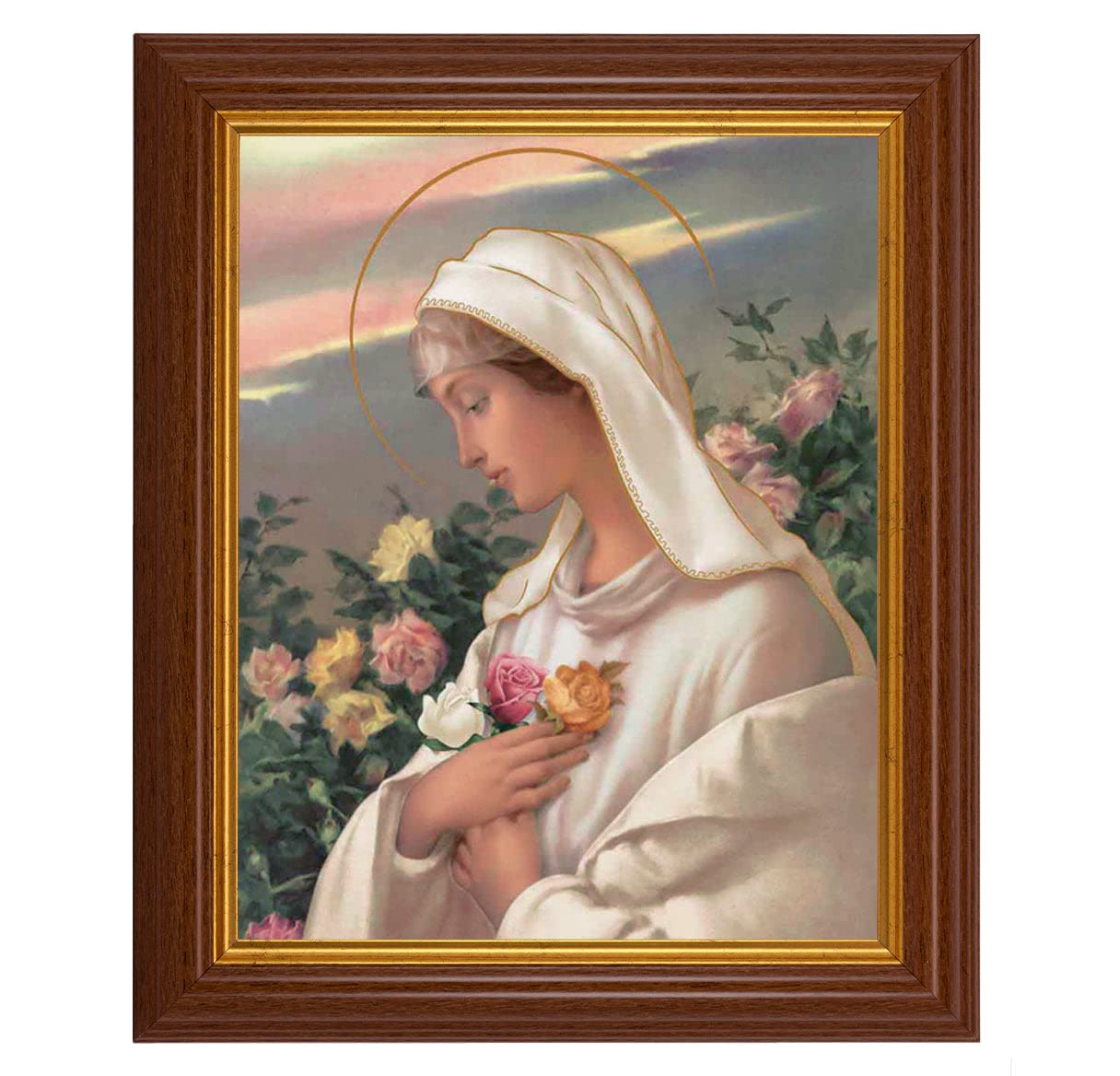 Elegant Mystical Rose Framed Wall Art - Large Traditional Dark Walnut Fluted Frame with Gold Beaded Edge - Perfect for Living Room, Bedroom & Office Decor