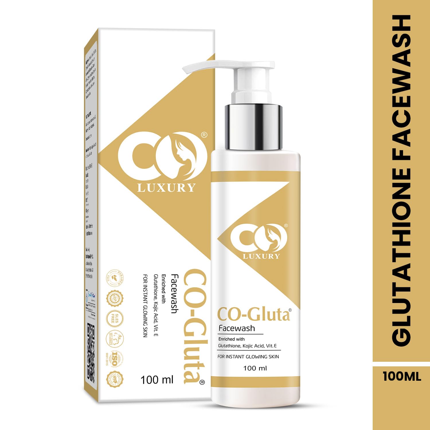 CO LUXURY Exfoliating Glutathione Face Wash with Vitamin C & E, Kojic Acid - Anti-Pigmentation, Skin Brightening, Oil Control & Hydrating Cleanser for Tan Removal (100ml) | Perfect for Daily Skincare Routine & Sun-Damaged Skin Repair