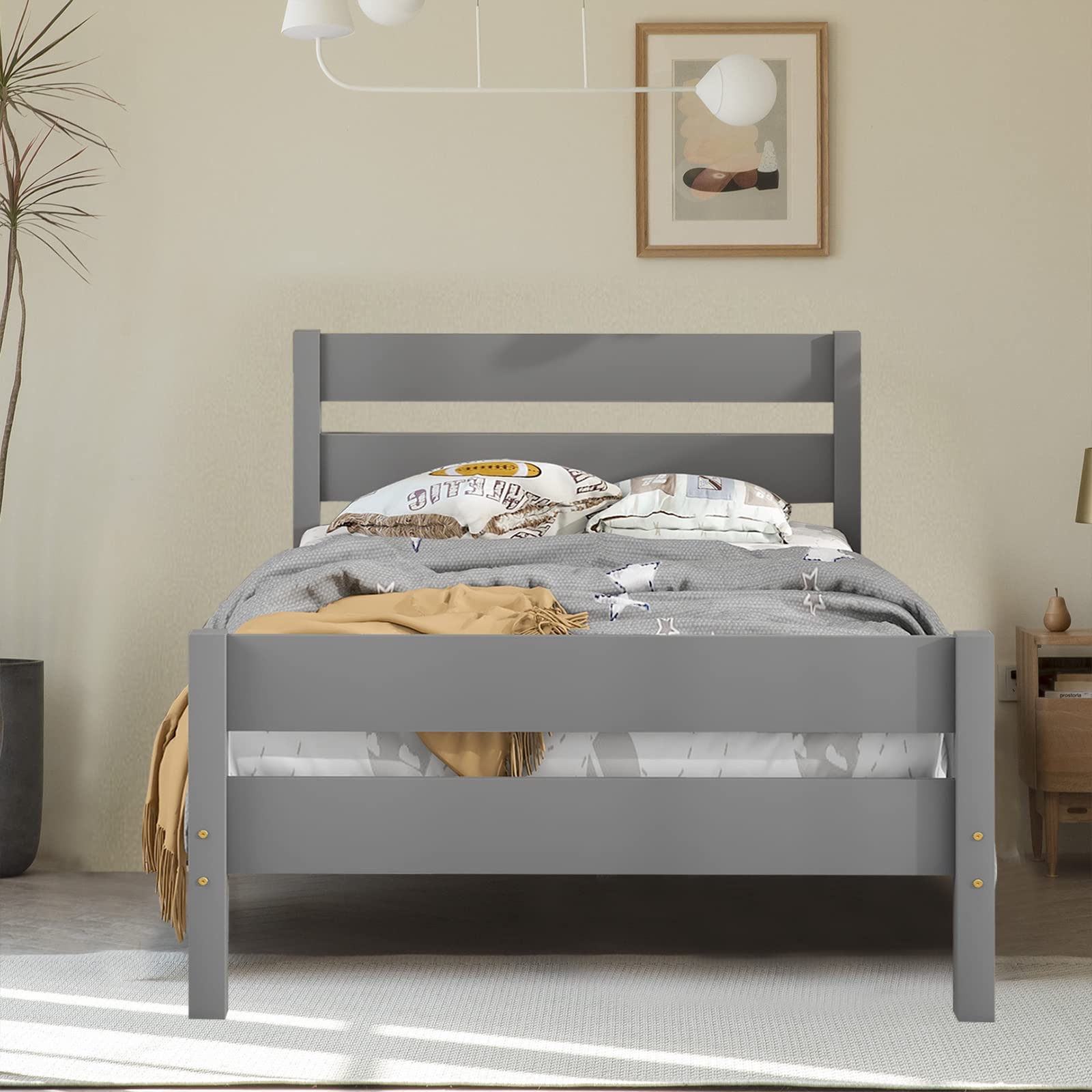 Pvillez Twin Size Wooden Bed Frame with Headboard & Footboard - Sturdy Platform Bed for Kids, No Box Spring Needed, Includes Storage Space - Perfect for Boys & Girls Bedrooms (Gray)
