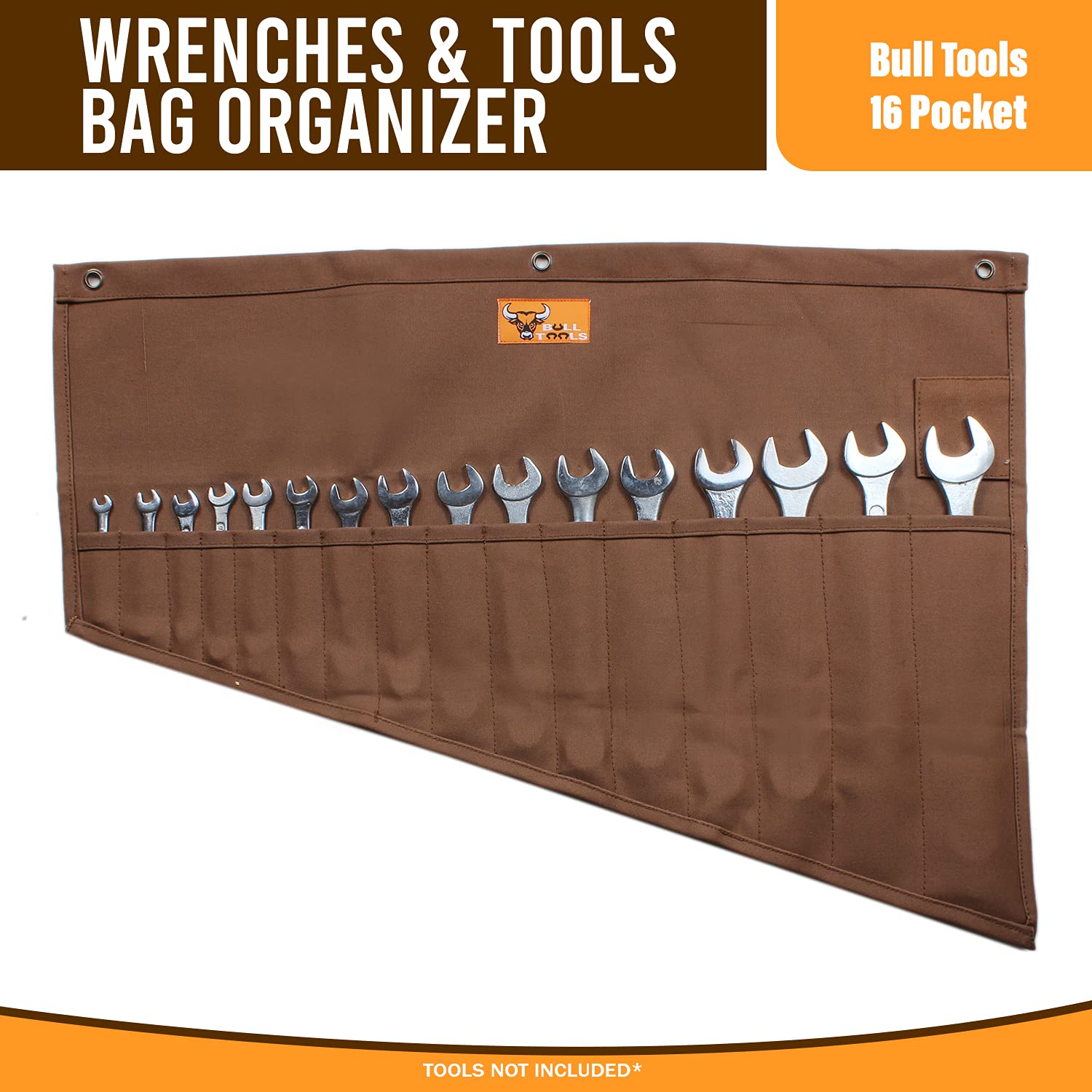Heavy Duty Tool Pouch Roll Up Organizer - 16 Pocket Wrench Roll for SAE & Metric Tools | Handcrafted Cotton Canvas Tool Bag | Durable Portable Workshop & Garage Storage (Cinnamon Brown) - Perfect for Mechanics, DIY Projects & On-the-Go Repairs