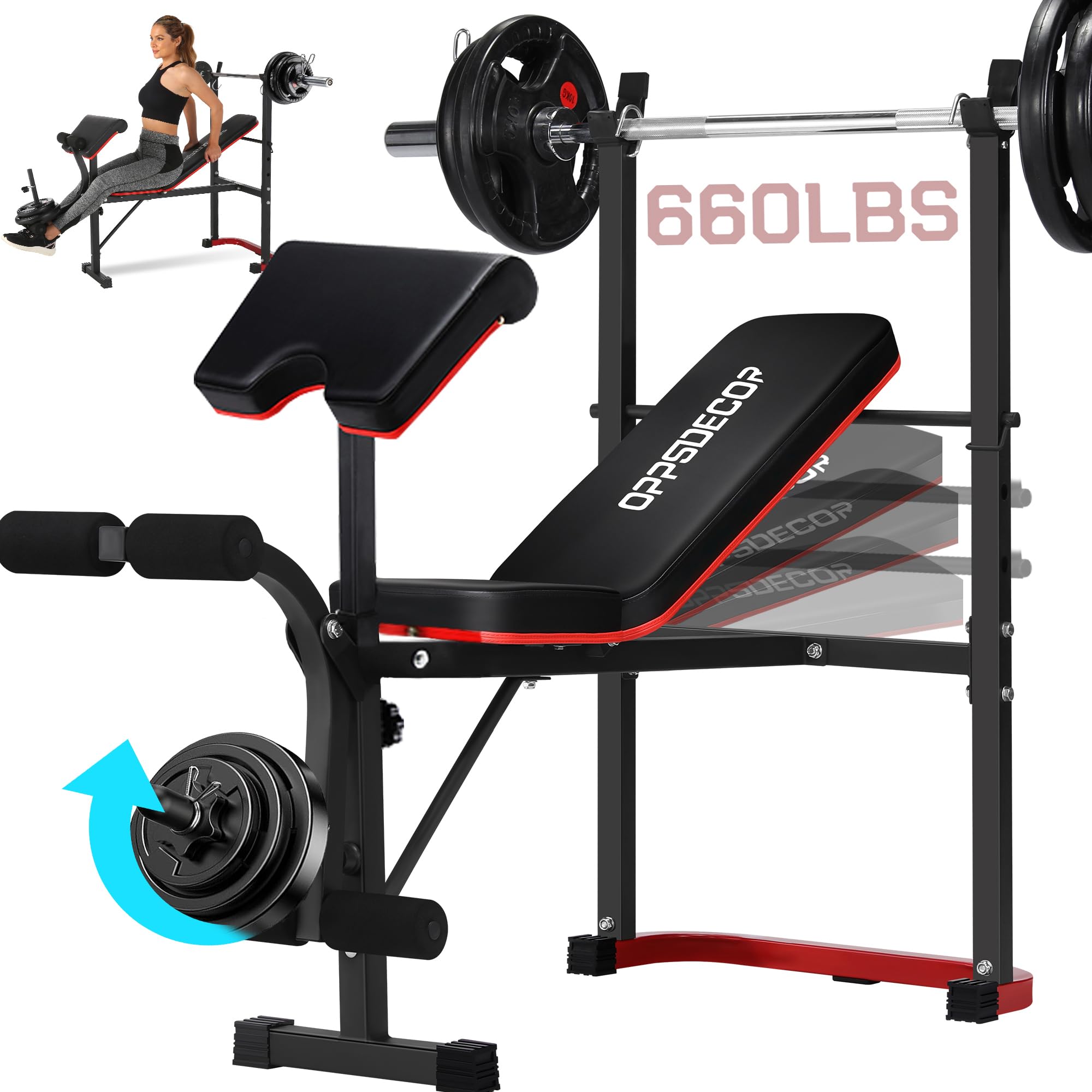 OPPSDECOR Adjustable Weight Bench Set for Leg Extension & Curl - 660LBS Capacity Flat/Incline Bench Press with Squat Rack & Preacher Pad - Perfect for Home Gym Strength Training & Full-Body Workouts
