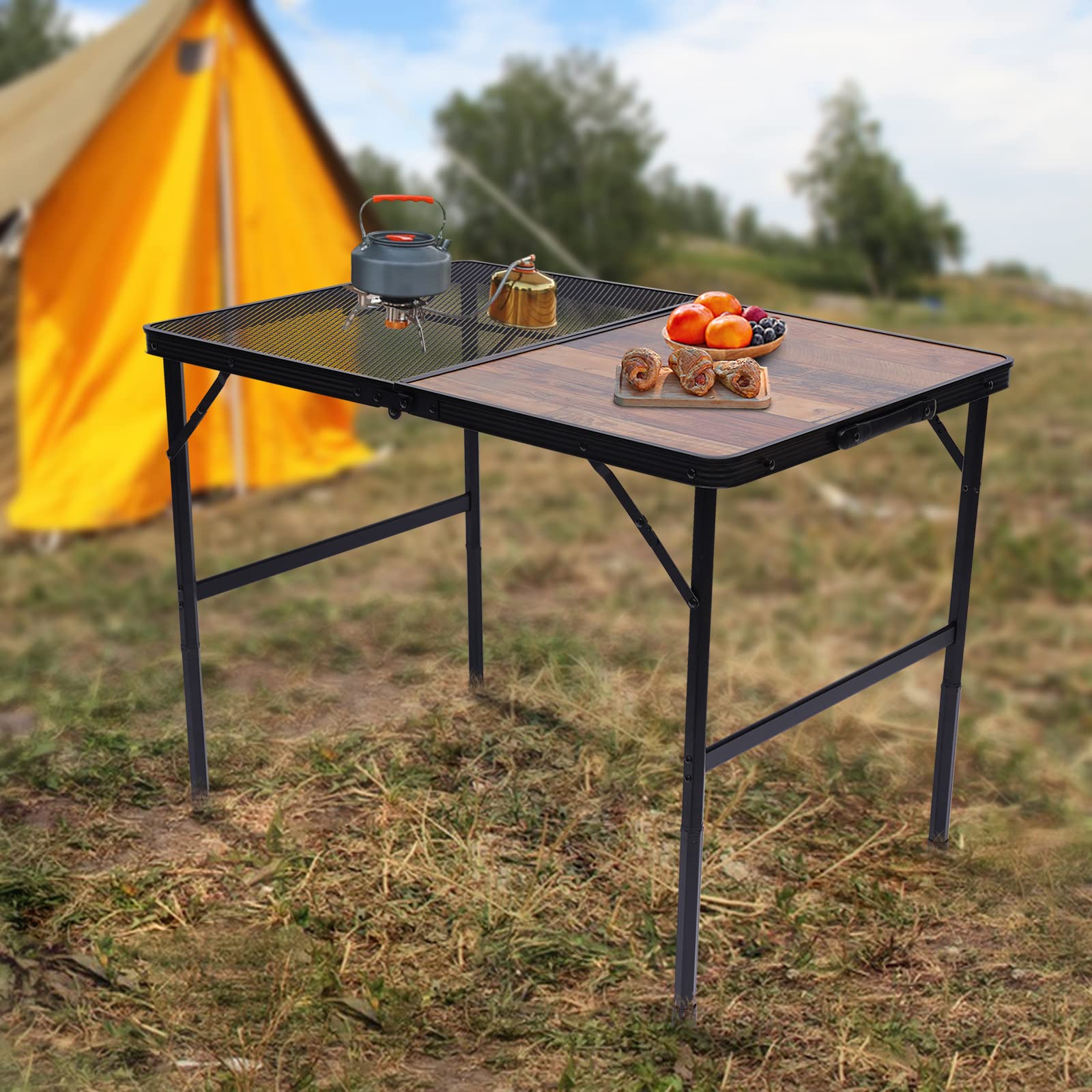 Portable Folding Camping Table with Mesh Top - Adjustable Height 16.5-26