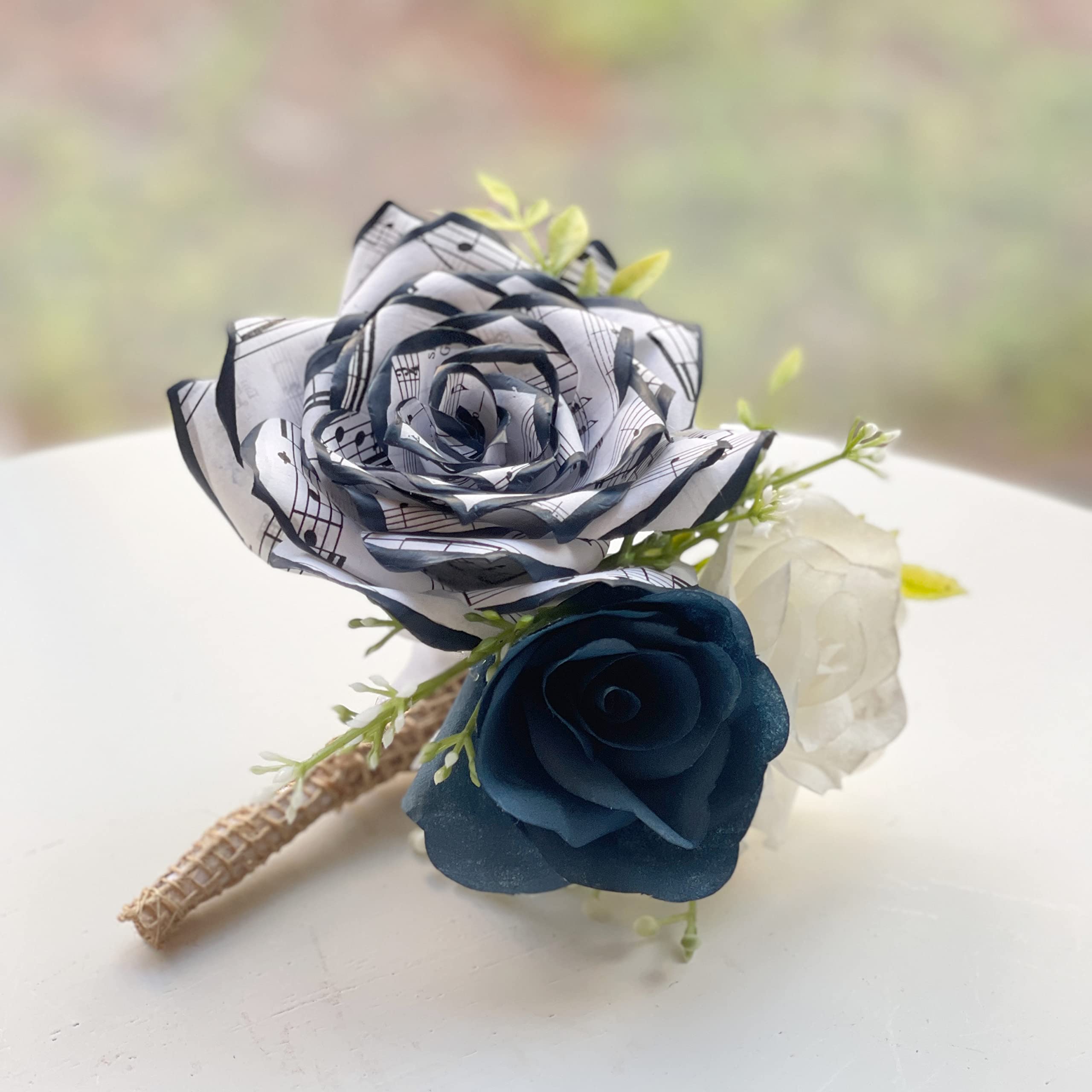 Customizable Music Note Paper Rose Boutonniere - Navy Blue & More Colors - Perfect for Weddings, Prom & Formal Events