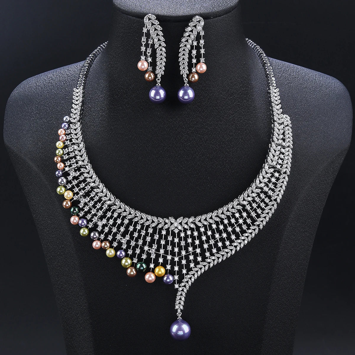 Luxury Cubic Zirconia Pearl Necklace & Earrings Set - Elegant Bridal Wedding Jewelry for Women - Perfect for Weddings, Anniversaries & Special Occasions