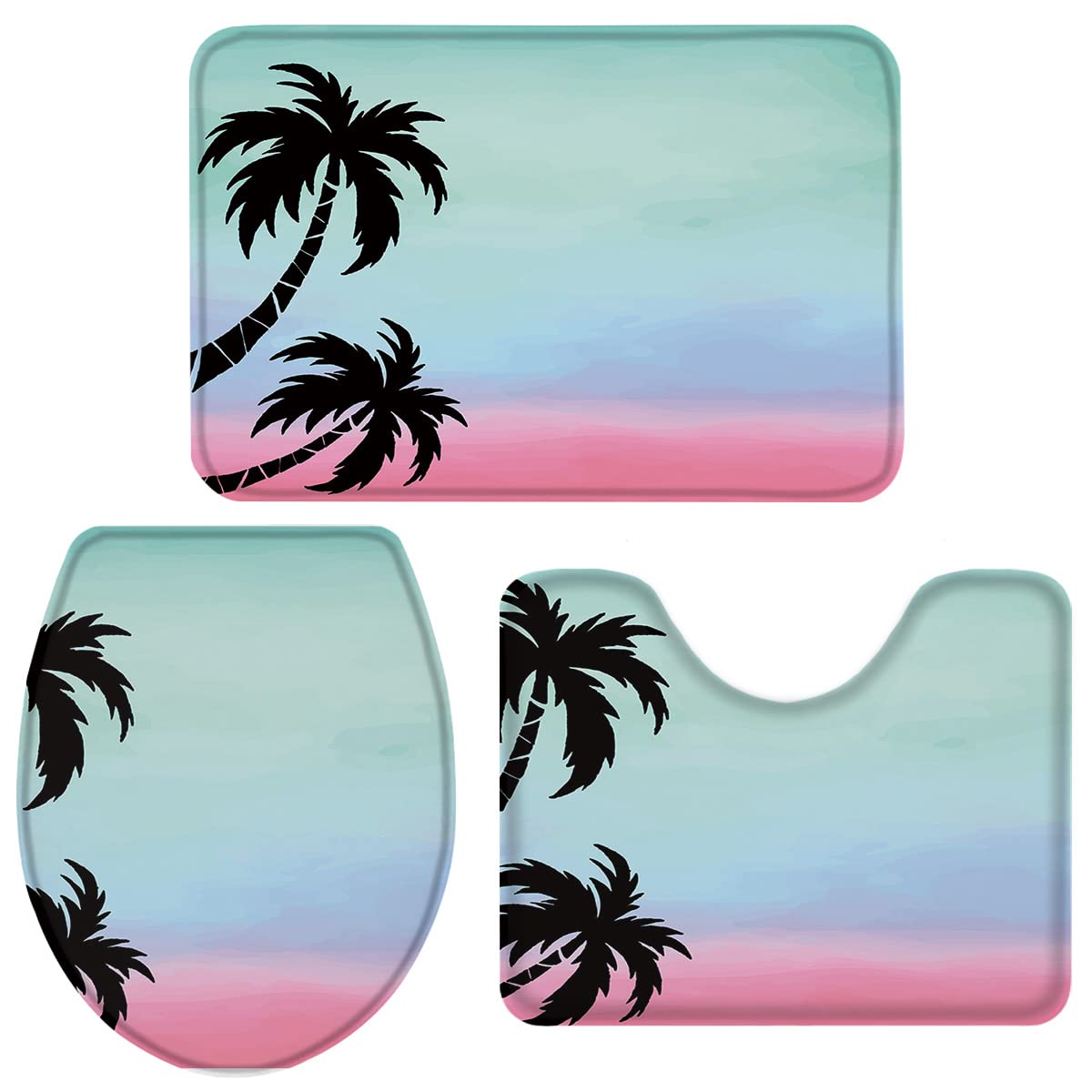3-Piece Tropical Sunset Palm Tree Bathroom Rug Set - Non-Slip Toilet Seat Cover, Pedestal Mat & Lid Cover - Soft Contour Bath Mats for Summer Decor - Perfect for Beach House, Vacation Home & Coastal Style Bathrooms