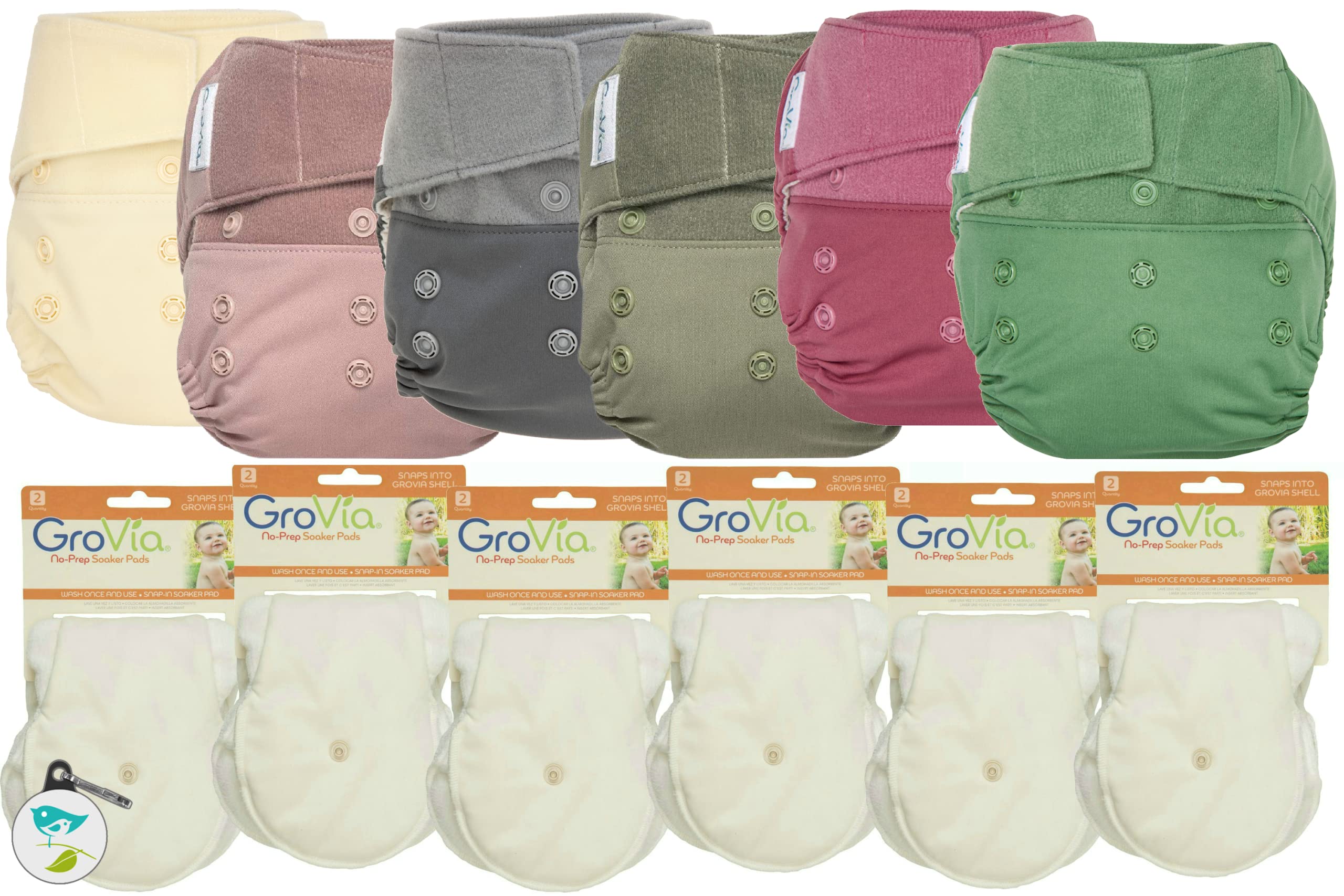 GroVia Hybrid Part Time Cloth Diaper Package - 6 Shells & 12 No Prep Soaker Pads (Color Mix 13, Hook & Loop) | Eco-Friendly Reusable Baby Diapers for Daycare & Overnight Use