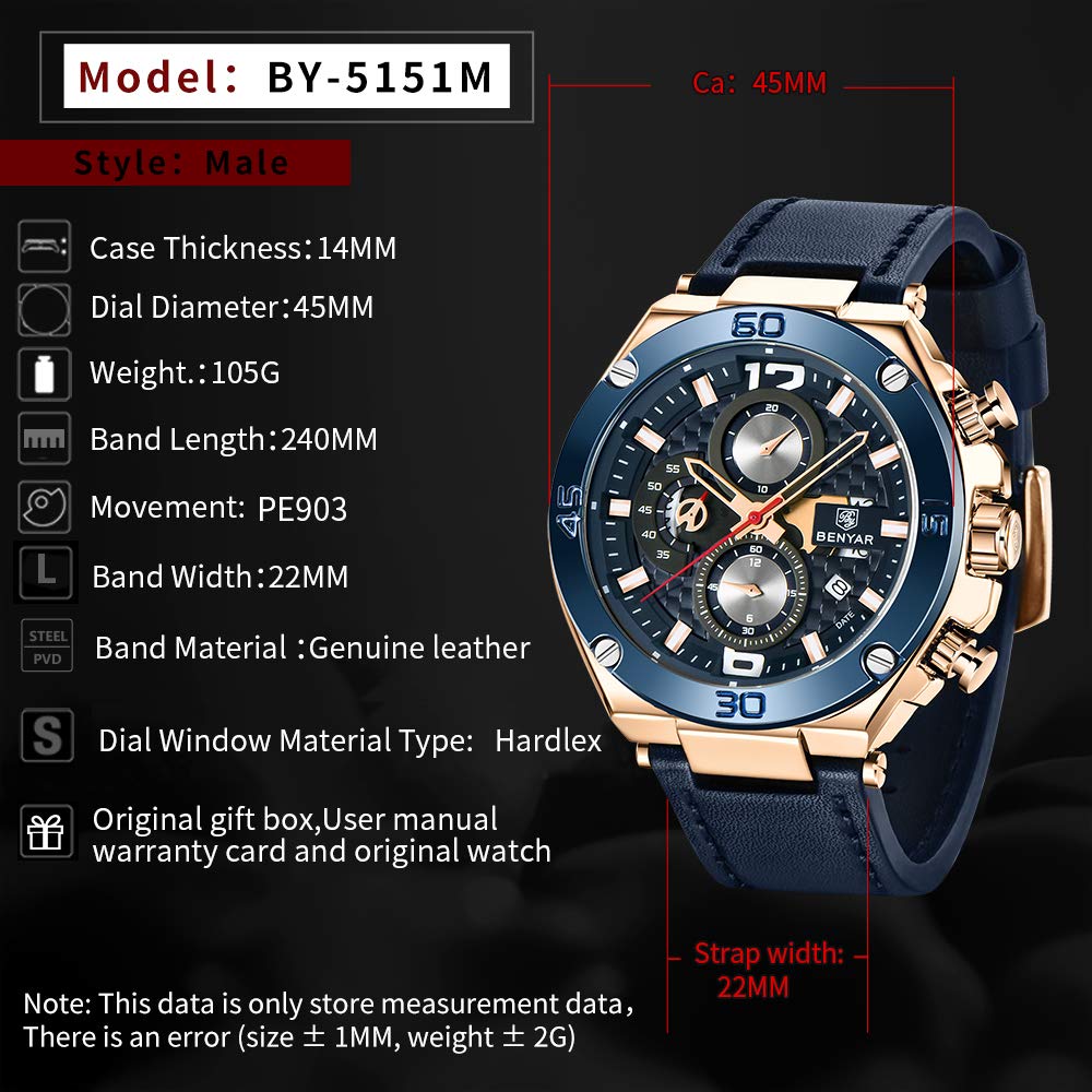 BENYAR Men's Chronograph Date Waterproof Sports Watch - Leather Strap Business Wristwatch for Casual, Office & Outdoor Activities