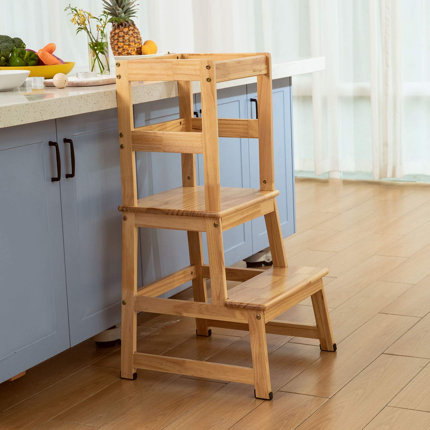 Solid Wood Kids Kitchen Step Stool with Safety Rail - Toddler Learning Tower for Counter Access, Parent Helper Stool for Baking & Cooking Activities
