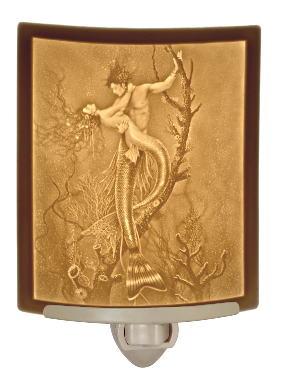 Mermaid & Merman Porcelain Lithophane Night Light - David Delamare Art, Decorative Plug-in Wall Light for Nursery, Bedroom, Kitchen, Bathroom & Hallway | Fantasy Themed Accent Lighting for Home Decor & Gift Giving
