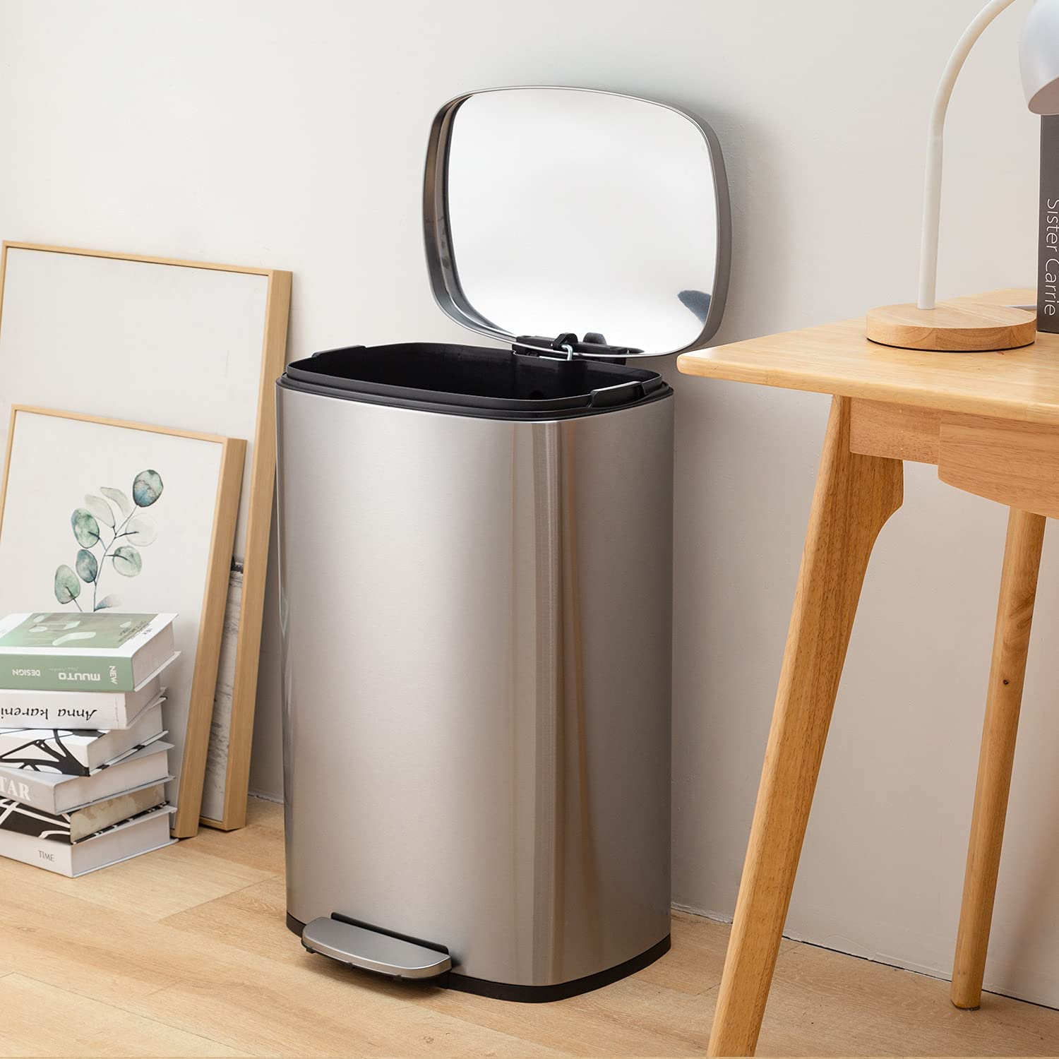 13 Gallon Stainless Steel Trash Can with Lid - 50L Fingerprint-Proof Kitchen Garbage Bin for Office, Bedroom & Bathroom - Durable Step Pedal Design for Hands-Free Disposal