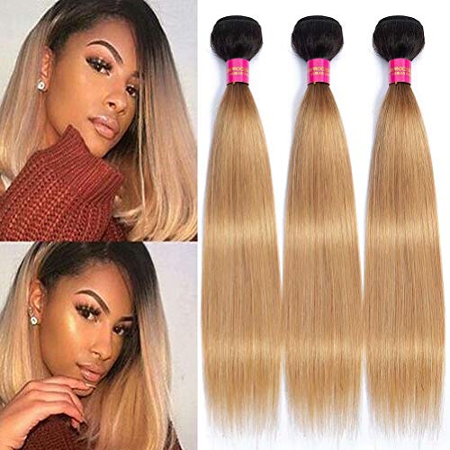 FEEL ME Ombre Brazilian Virgin Hair Weave 3 Bundles 10 12 14 Inch - 1B/27 Honey Blonde Straight Human Hair Extensions | 8A Mink Unprocessed Hair for Weaving, Styling & Everyday Wear