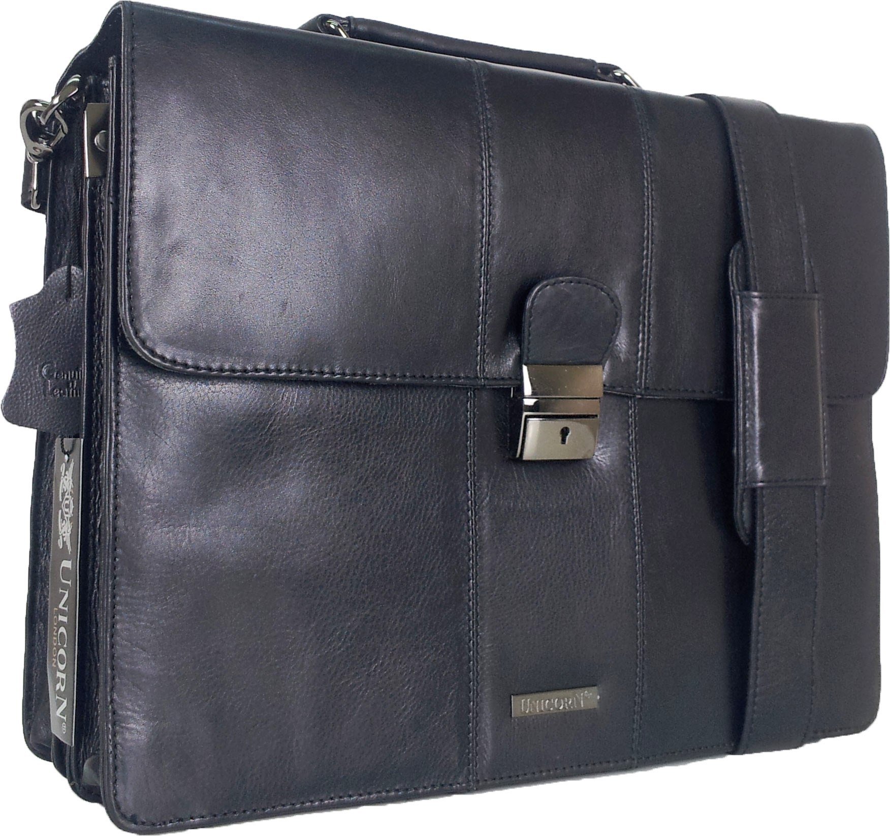 Premium Unicorn Black Genuine Leather Business Briefcase - Executive Messenger Bag with Key Lock (#2N) - Ideal for Office, Travel & Professional Meetings
