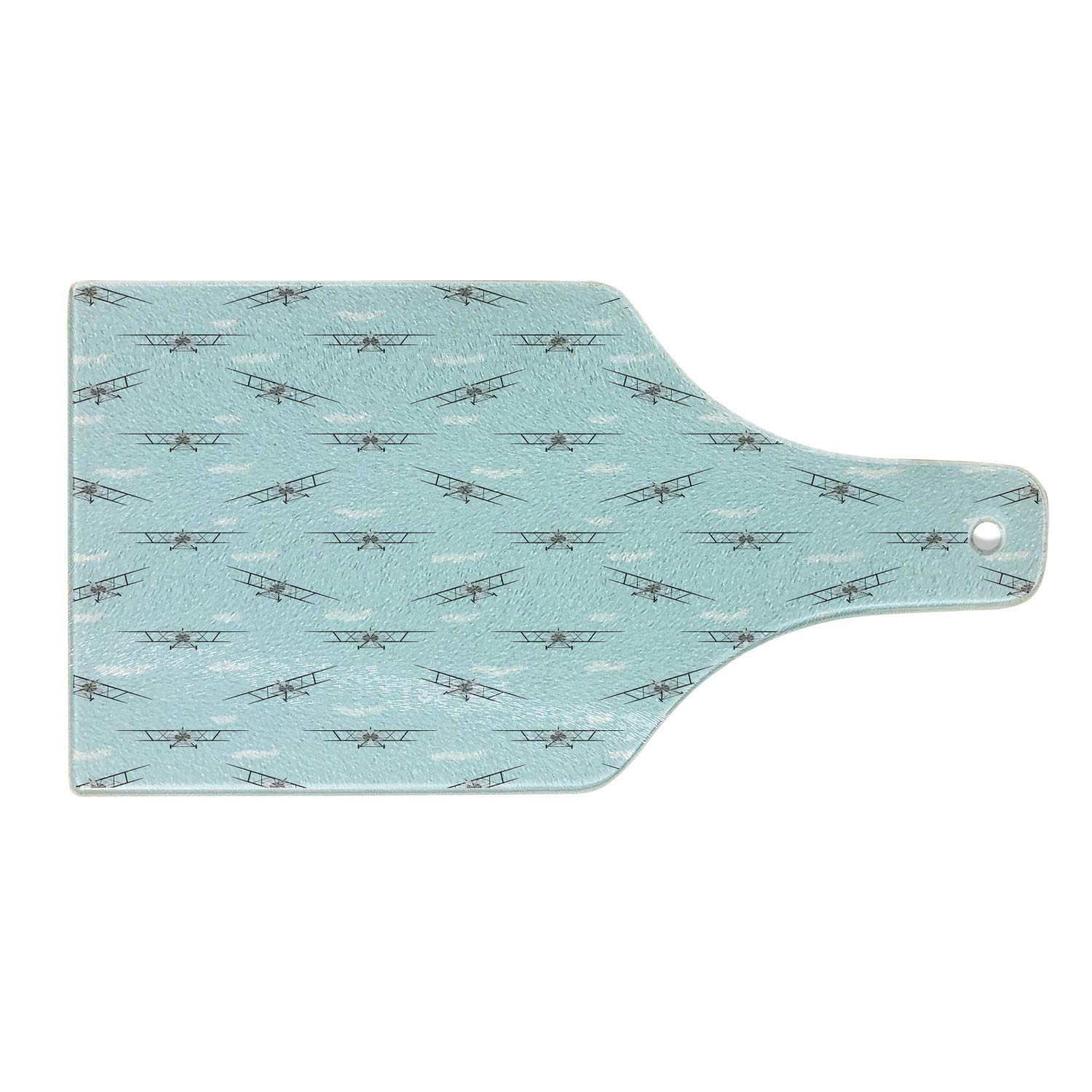 Ambesonne Vintage Airplane Cutting Board - Blue Sky Biplane with Speedy Propellers & Retro Wings Design - Tempered Glass Serving Board for Cheese, Charcuterie & Wine - Perfect for Kitchen, Dining & Gifts - Wine Bottle Shape in Pale Blue, Black & White