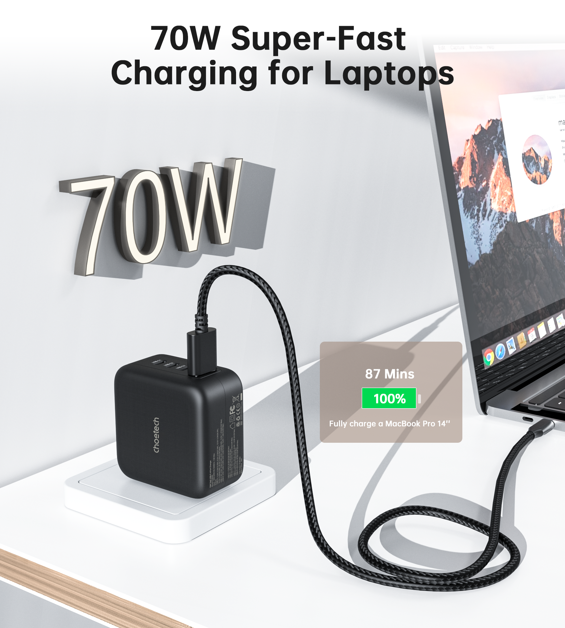 70W GaN Wall Charger with 3 USB-C & 1 USB-A Ports - Ultra Fast Charging for iPhone 15/14/13, MacBook, iPad, Samsung Galaxy - Compact Travel Charger for Home, Office & Car